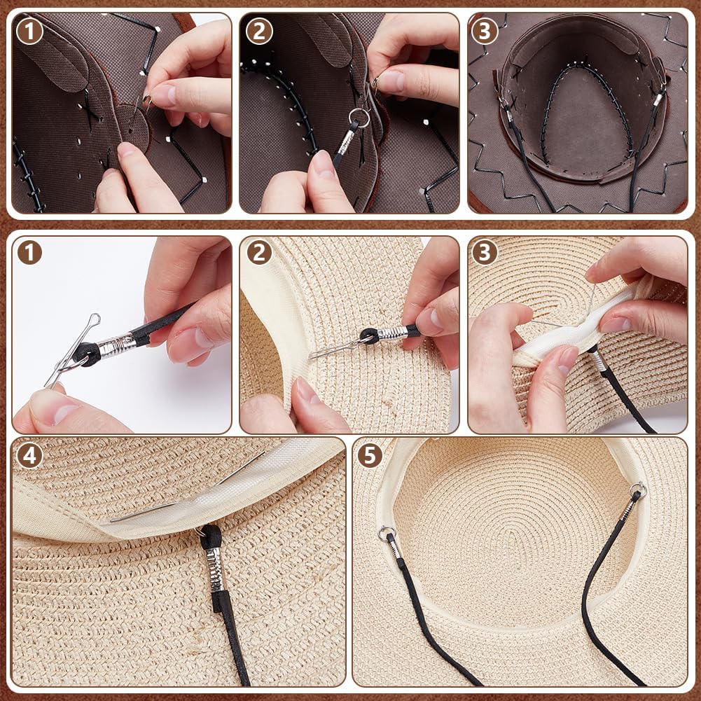 UNICRAFTALE 6 Sets Black Hat Chin Strap Leather Cowboy Sun Hat Stampede String with Alloy Cord Locks Iron Pins 17.9 Inch Long Removable Hats Chin Strap for Men Women Ranch Horse Riding Hiking