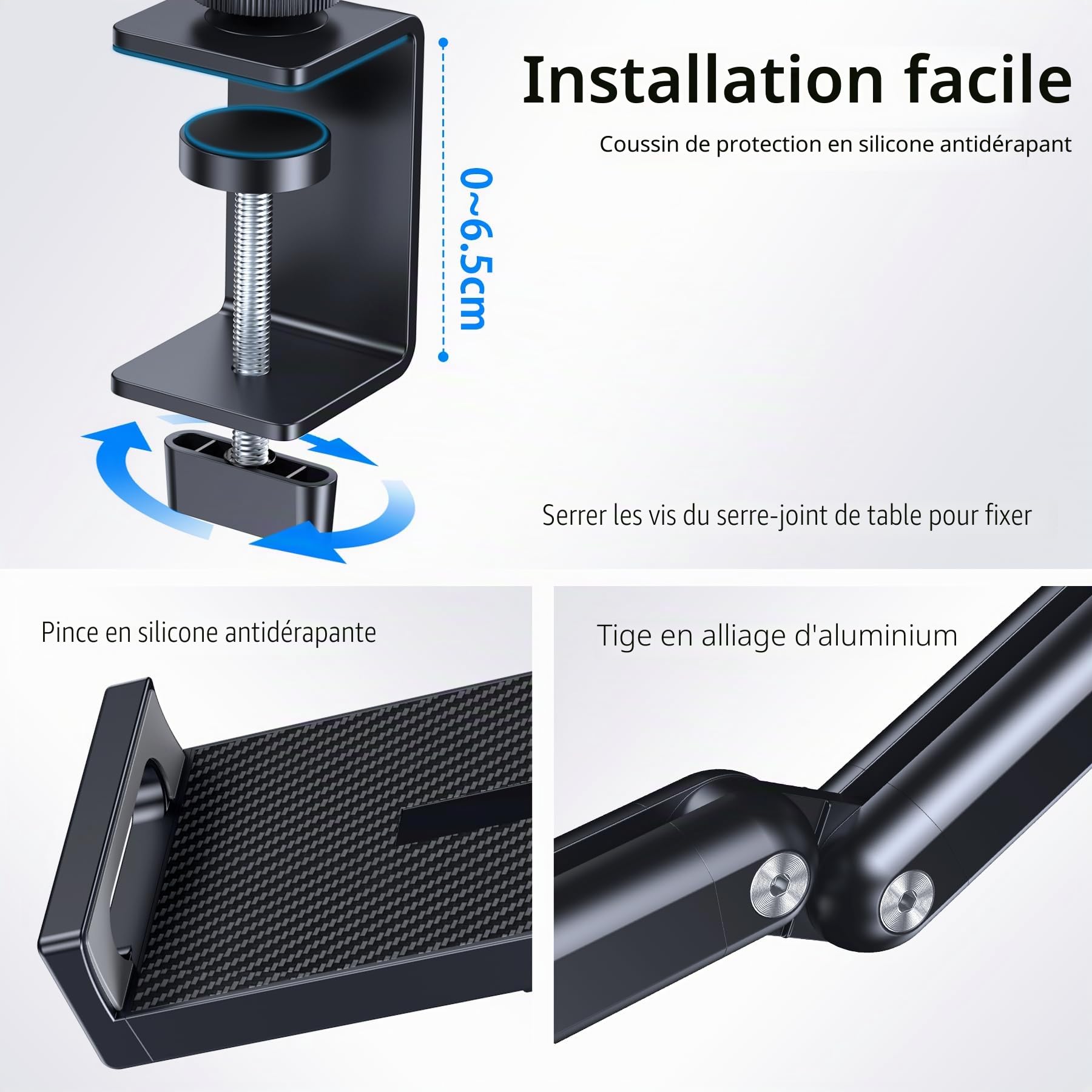 Support de tablette en aluminium avec base métal rotative 360° convient pour iPad Air Pro Mini, téléphones, Samsung Galaxy, Kindle, tous les appareils