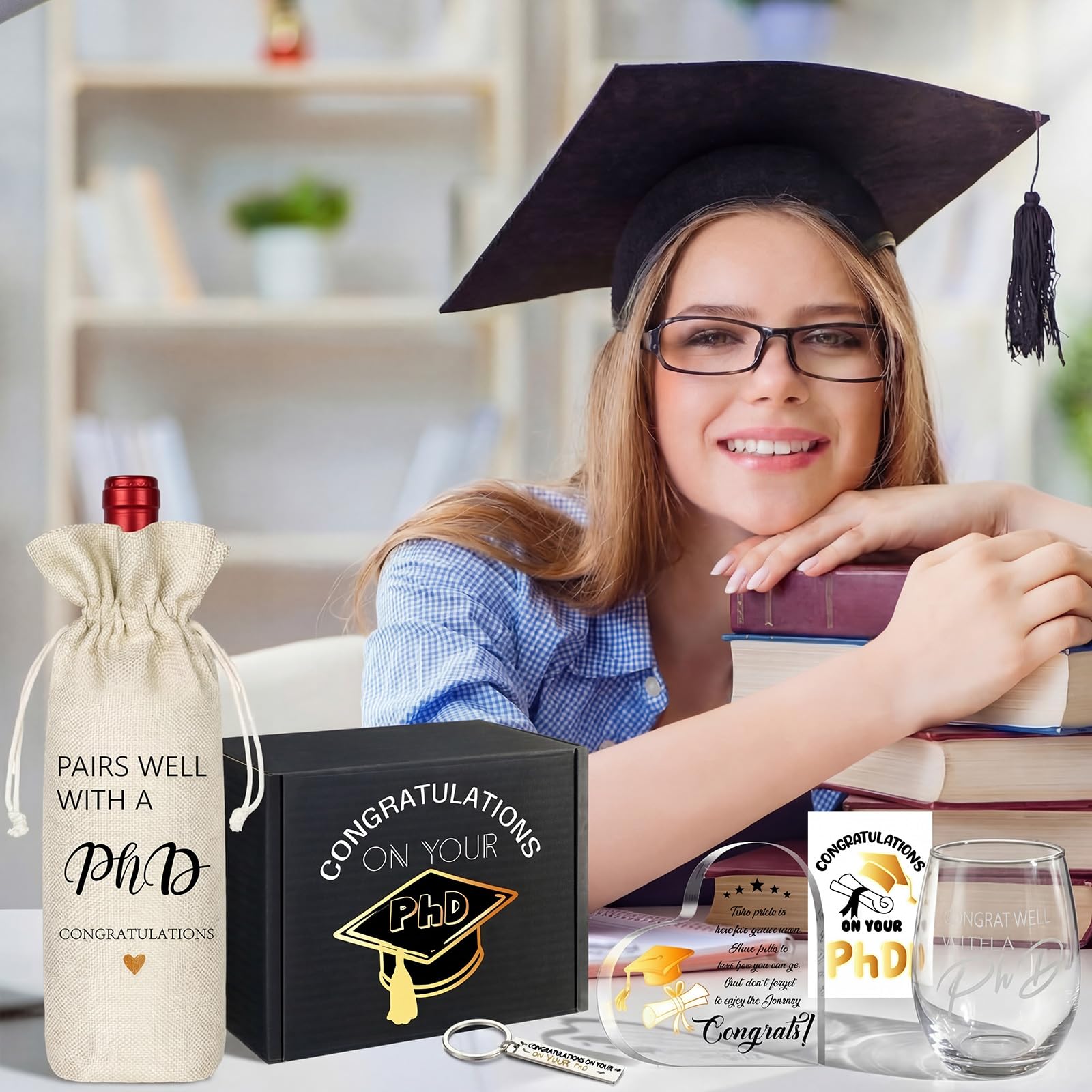 Chunful 7 Pcs PhD Graduation Gifts Doctorate Graduation Gift Set for Women, 17oz Wine Glass Wine Bag Keychain Acrylic Keepsake Socks Greeting Card & Box Funny Pairs Well with a PhD Gifts