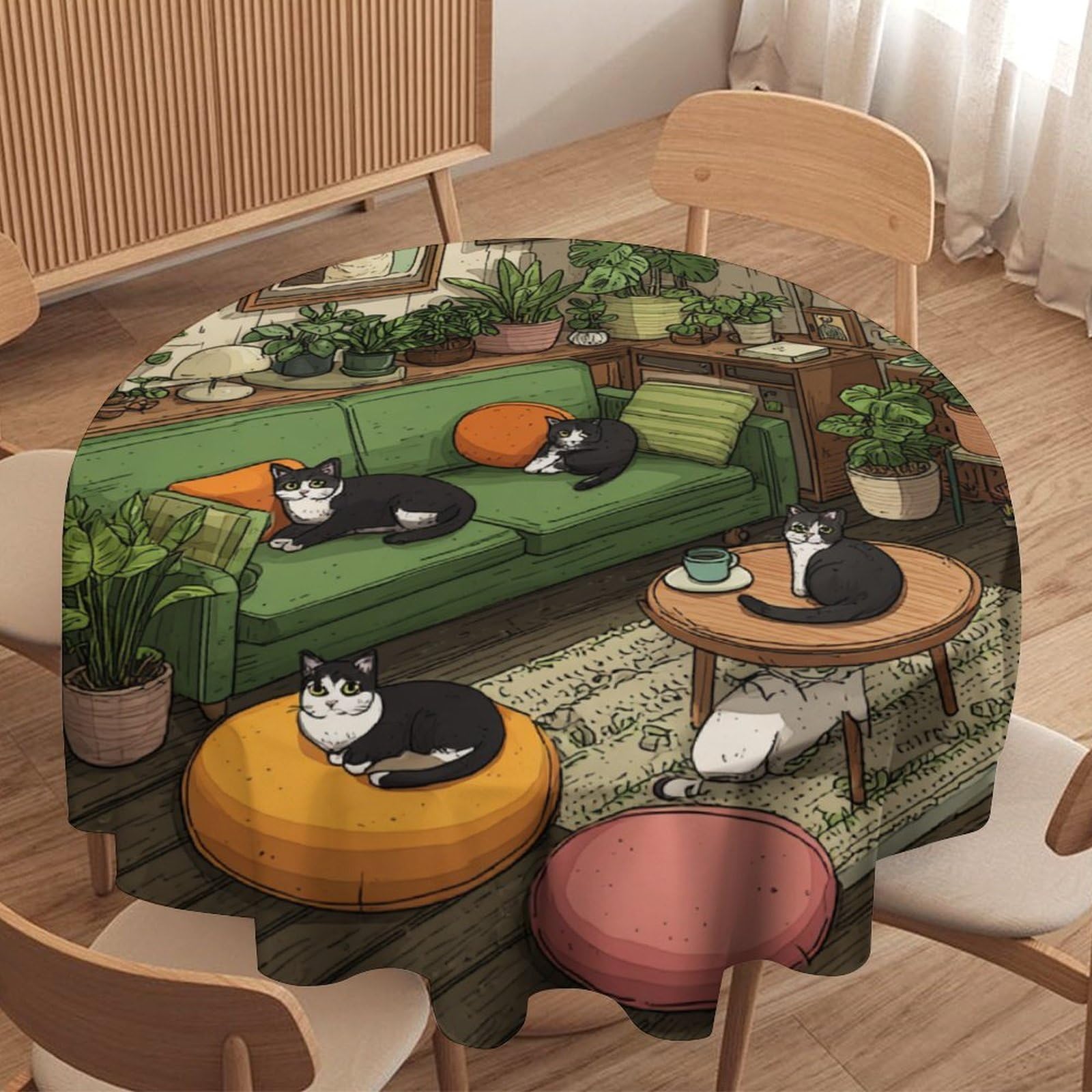 LUYYSKY Rustic Funny Cute Cats Waterproof Round Tablecloth Classic Modern Room Botanical Plants Animals Kittens Pattern Washable Table Cover for Kitchen-60 Wx60 L