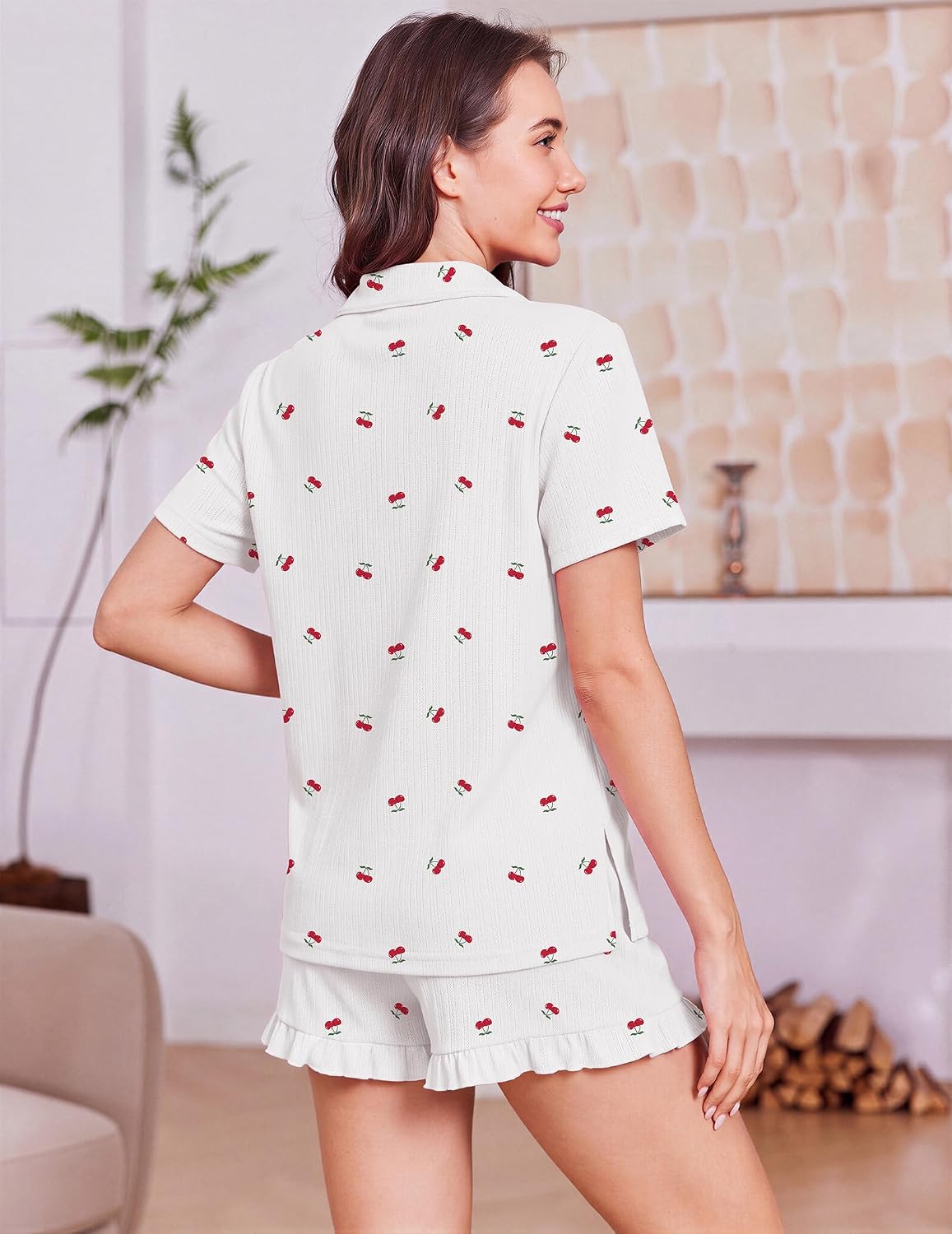 Ekouaer Women's Pajamas Sets Button Down Pjs Short Sleeve Ruffle Sleepwear image 5