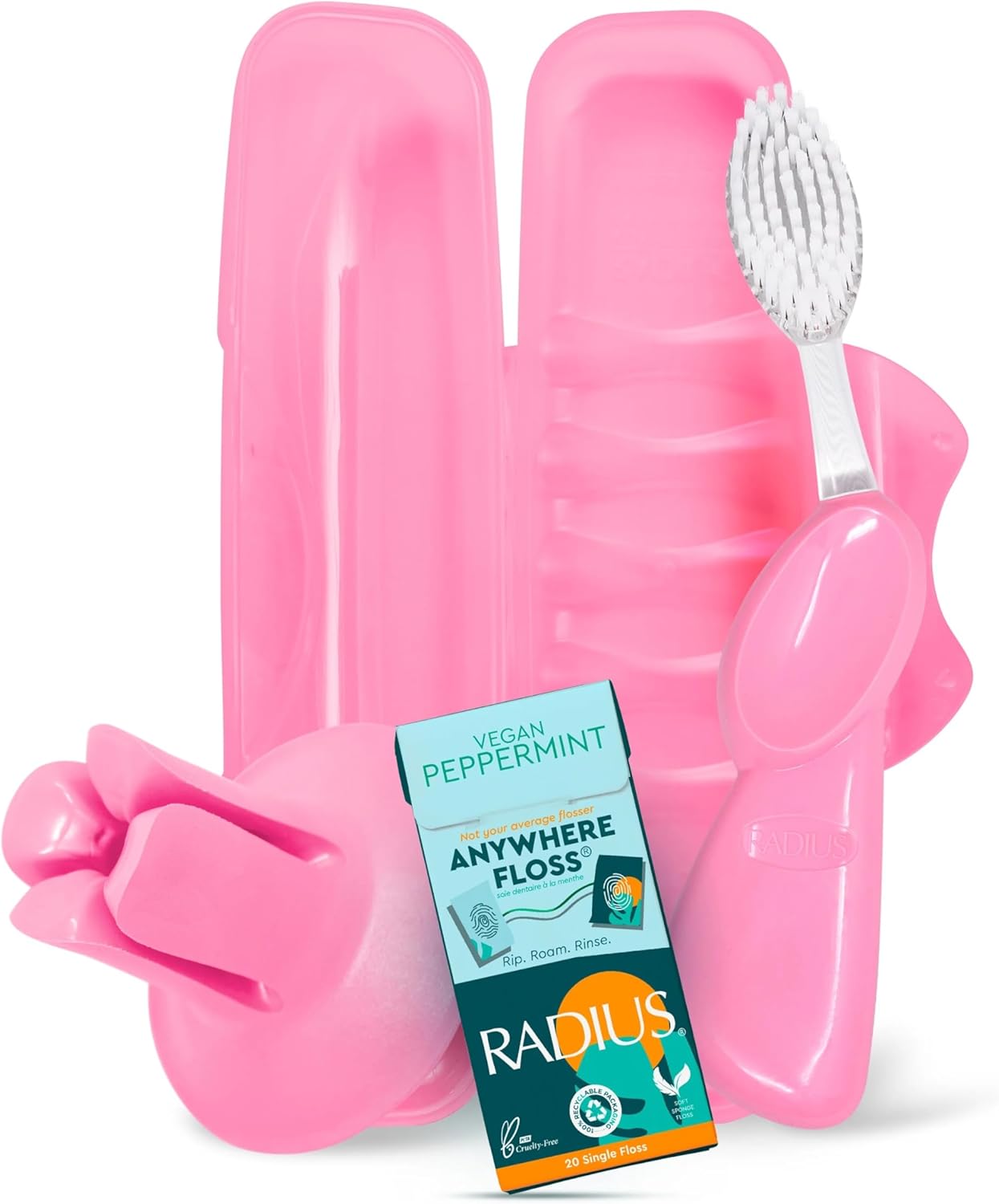 RADIUS Vacation Pastel Bundle, Includes Right Handed Big Brush, Toothbrush Travel Case, DOC Toothbrush Holder, Anywhere Travel Floss Packette, Lemon Meringue Yellow, 4 Piece Bundle
