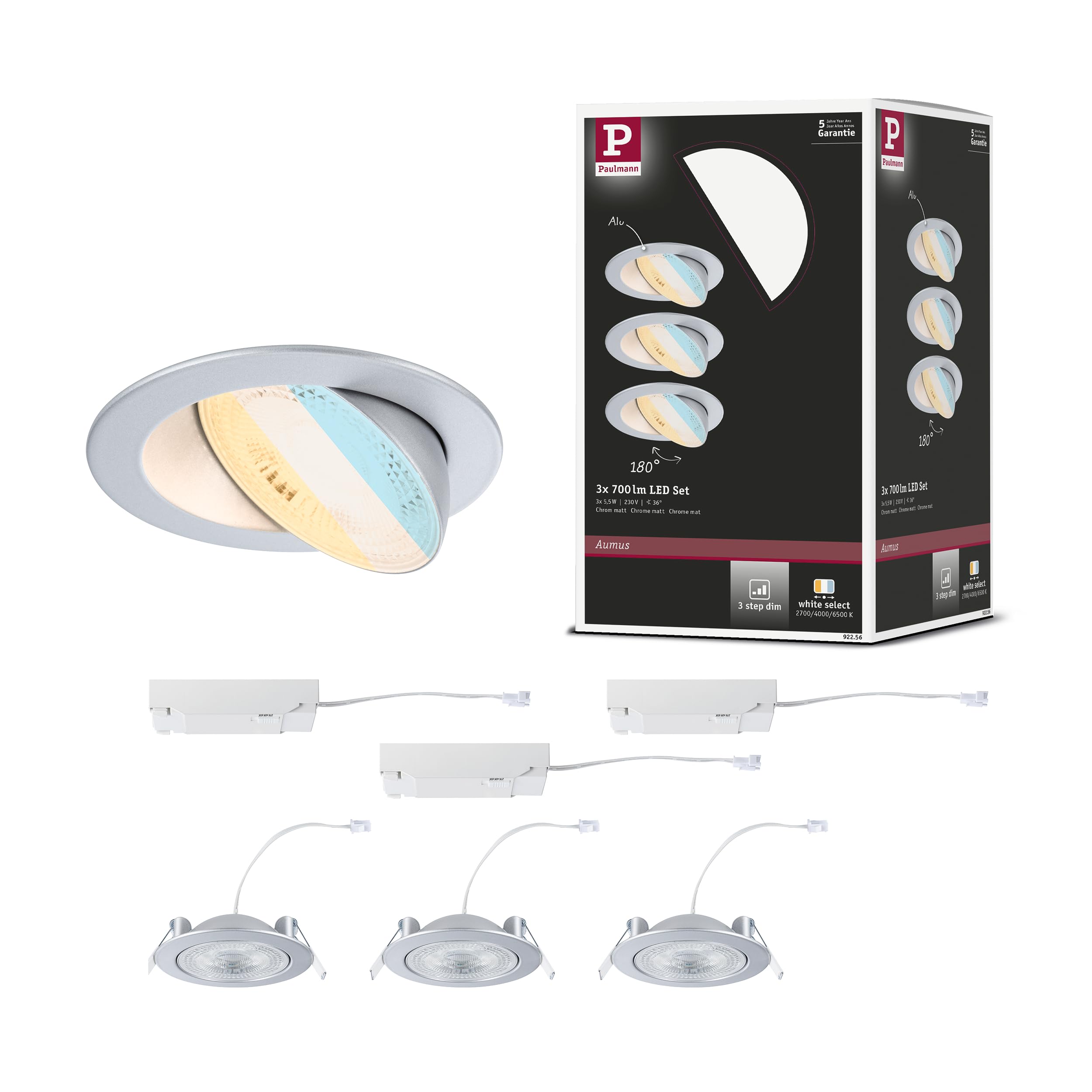Paulmann Set Aumus RL Swivel 3StepDim LED 3x750lm 2700-6500K 5W 230V Chrome matt 92256