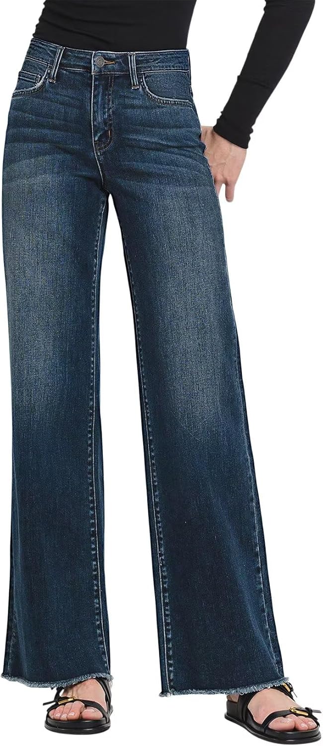 Allimy Women’s Straight Leg Flare Jeans High Waisted Strechy Raw Hem Denim Pants