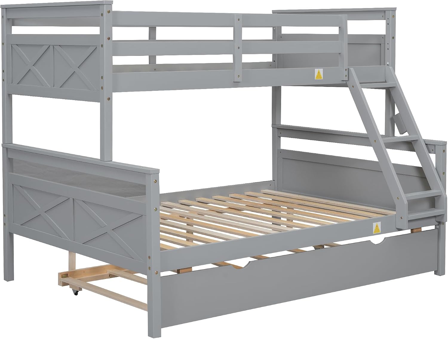 Twin Over Full Bunk Bed with with Trundle Bed Twin, High Guardrail, Headboard and Wide Ladder, Convertible to 2 Single Platform Bed, No Box Spring Needed, Twin over Full Bunk Bed for Kids, Teens, Gray