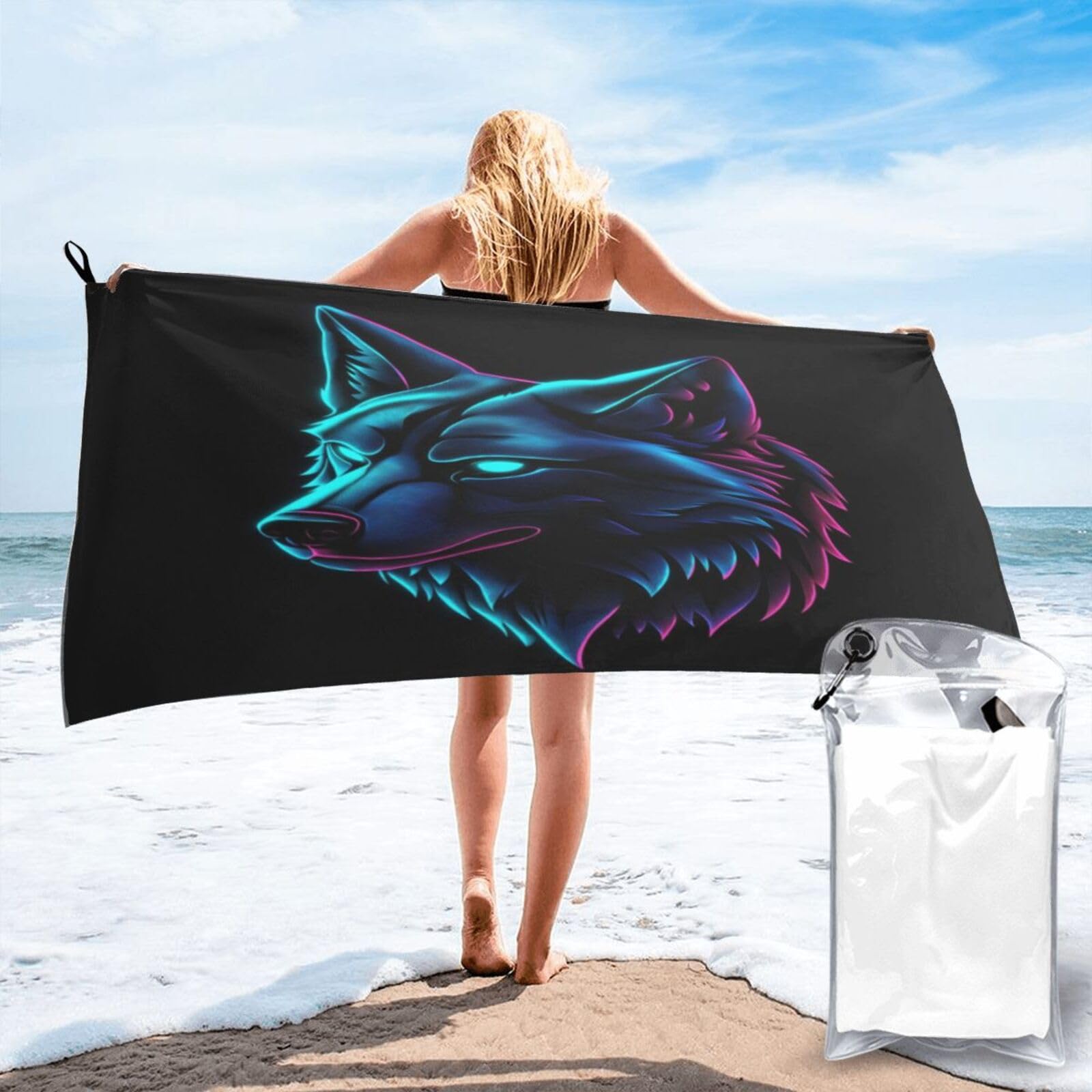 Anceky Glowing Neon Wolf Head Portrait Digital Art Quick Dry Microfiber Travel Towel with Carry Case and Carabiner 31.5"X63"