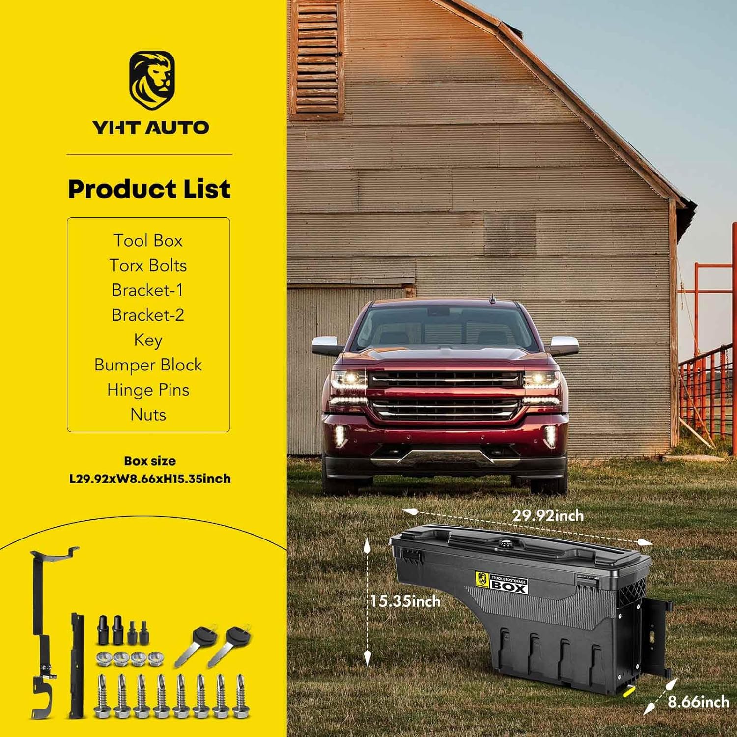 YHTAUTO Truck Bed Storage Tool Box Lockable Compatible with Ford Ranger 2019 2020 2021 2022 2023, Passenger Side, Not Fit the Model with Bed Liner, Swing Waterproof Wheel Well Toolbox