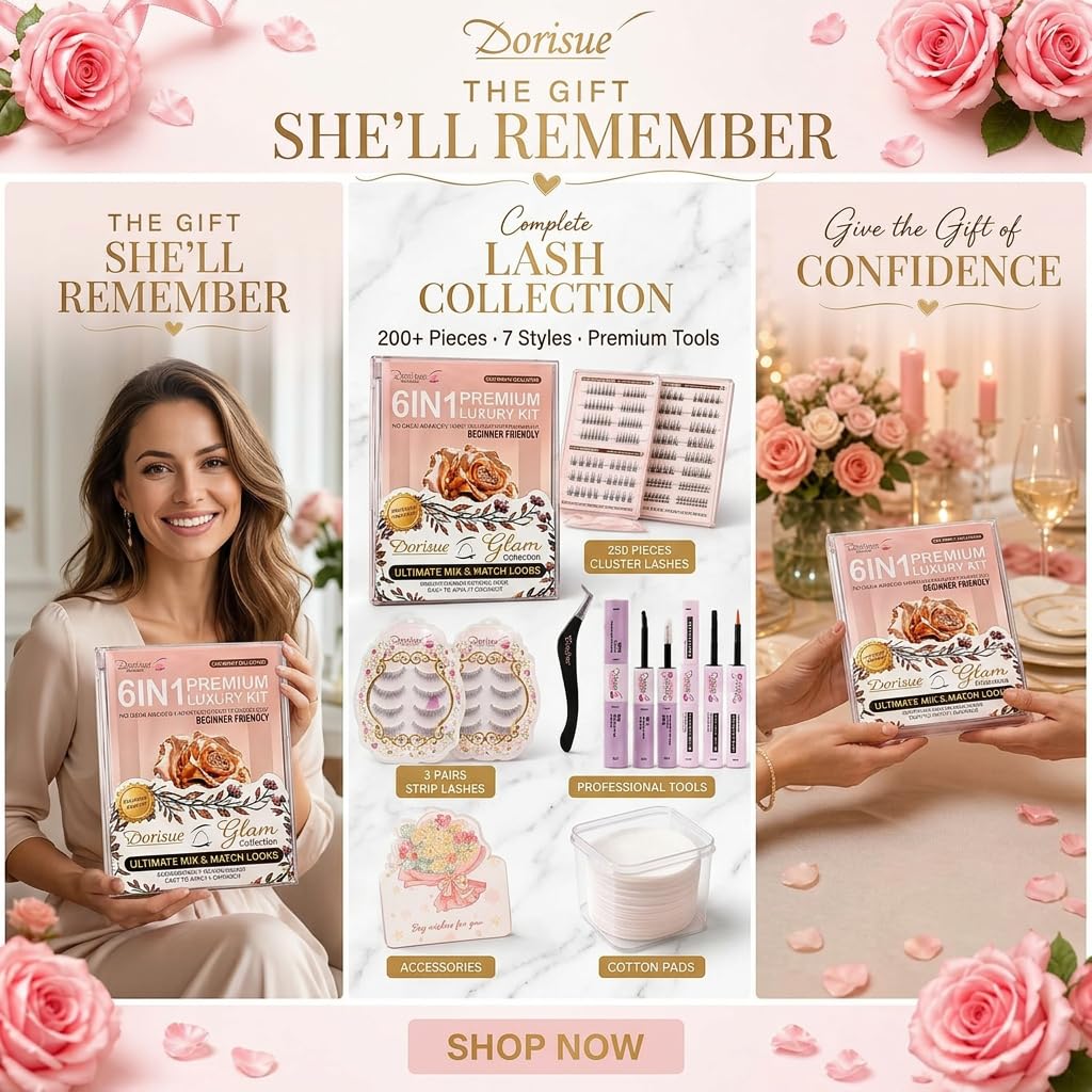 Lash Gift Set - 200+ Pieces Complete Eyelash Kit Gift Box 7 Styles DIY Cluster & Strip Lashes with Bond Seal Remover Serum & Tweezers Beginner Friendly Beauty Gift for Her in Gift-Ready Box