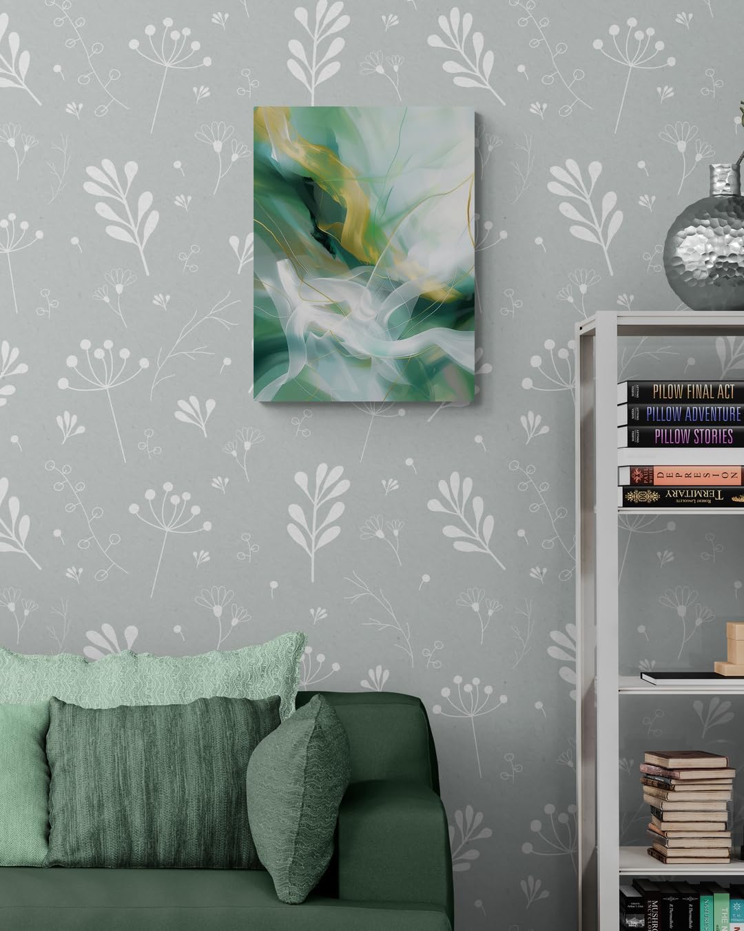 Condition photo showing New/Like New for artnft abstract wall art painting, green and gold wall decor home decor, white canvas wall art for living room, bedroom kitchen wall art prints bathroom decorations 24×36in abstract02 wrapped canvas 24''x36''