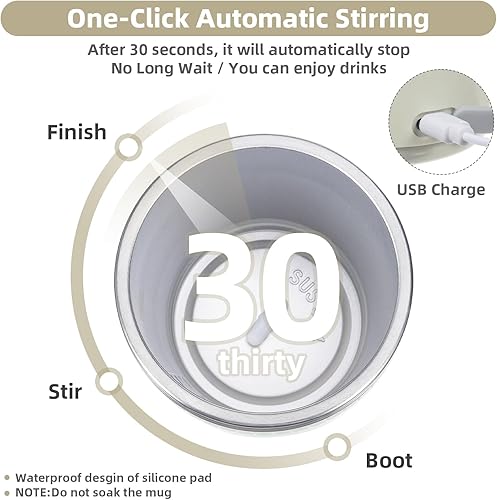 Vista 4 de Taza de café autoagitable: taza magnética de 13 onzas con tapa, taza mezcladora eléctrica de acero inoxidable recargable con popote de silicona
