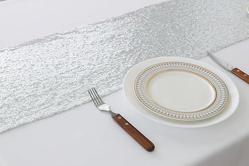 Miniatura 3 de Camino de mesa plateado  Paquete de 10 caminos de mesa de lentejuelas de 12 x 72 pulgadas de largo para bodas, fiestas, cumpleaños, reuniones,