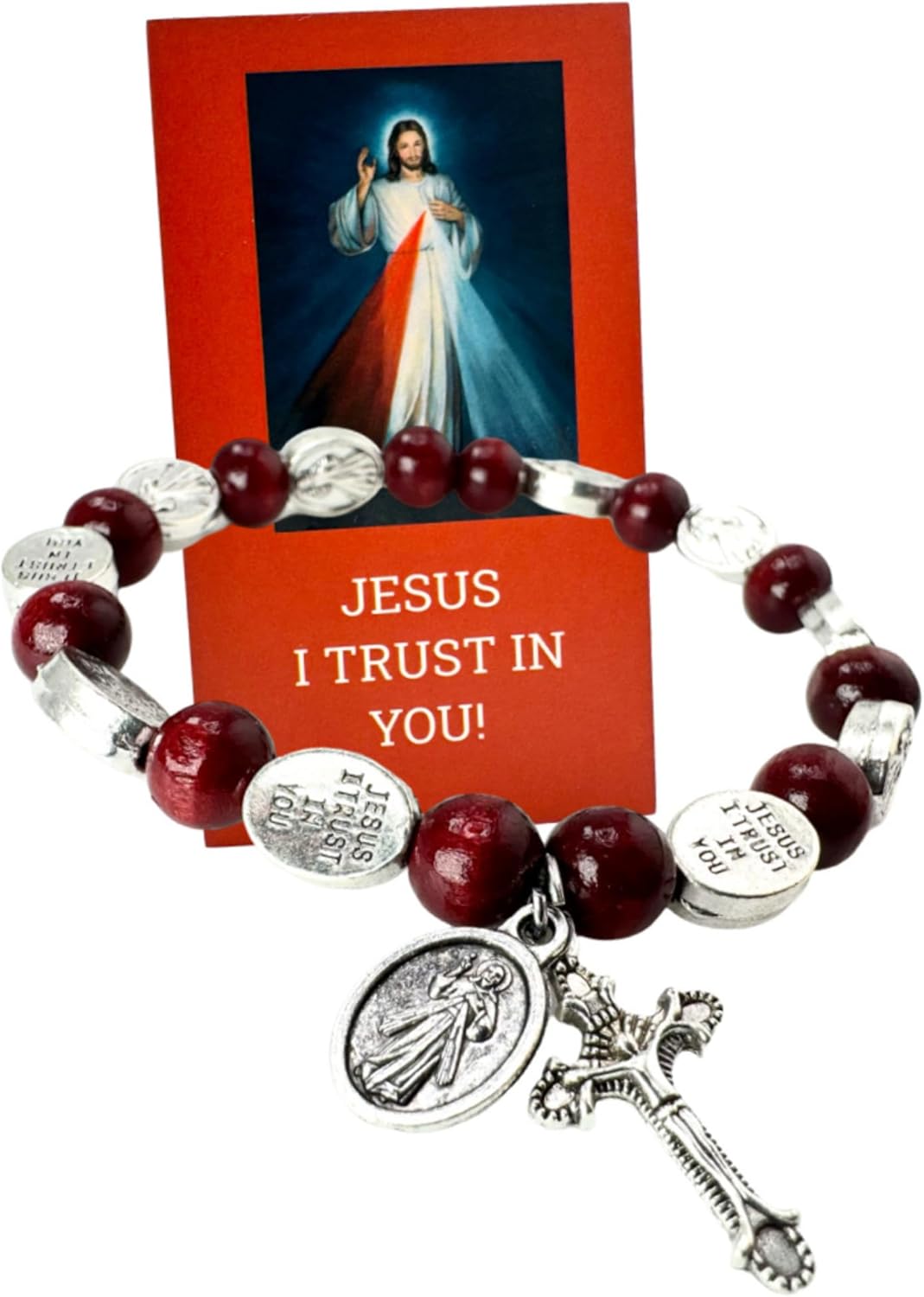 Westmon Works Divine Mercy Wood Bracelet Metal Cross and Medal with Holy Prayer Card - Image 4