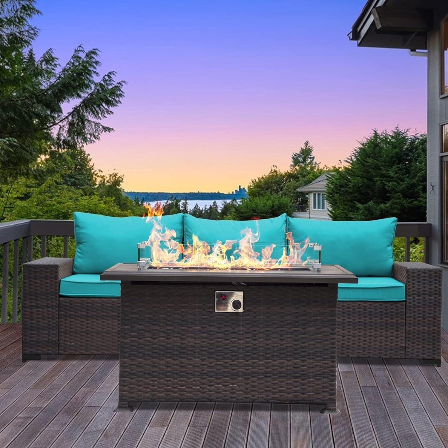 7 Pieces Outdoor Patio Furniture Set with Gas Propane Fire Pit Table and Glass Coffee Table, PE Wicker Rattan Sectional Sofa Patio Conversation Sets-Teal