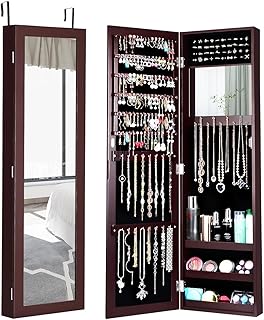 LDAILY Jewelry Armoire、ドアの上/壁取り付け、ジュエリーオーガナイザー、フルレングスミラー&内側メイクアップミラー付き、大容量ストレージジュエリーキャビネット レディース ガールズ (ブラウン)
