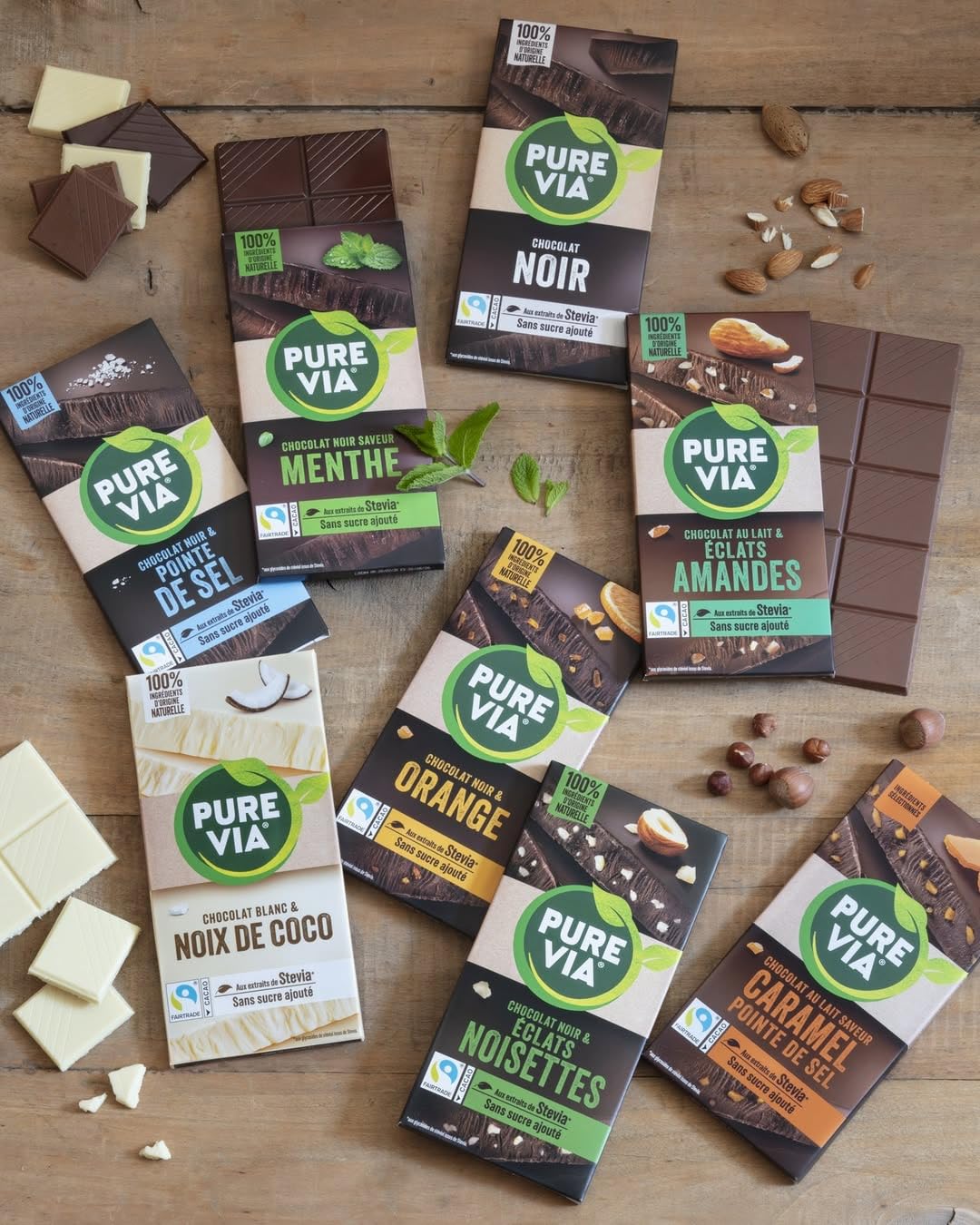 Pure Via Tablette Chocolat Noir Saveur Menthe à la Stevia, Sans sucre ajouté, Équitable 100g