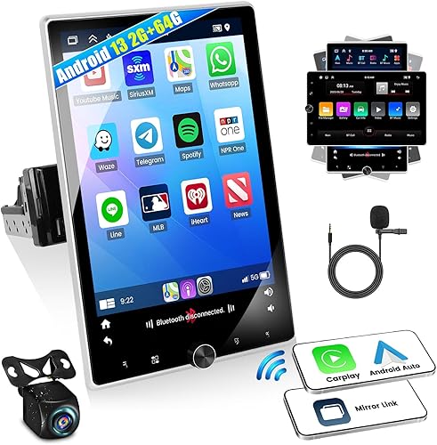 2+64G Android 13 Single DIN pantalla táctil vertical estéreo coche inalámbrico CarPlay Android Auto, 10.4 '' Motorizado Rotación Pantalla Radio con