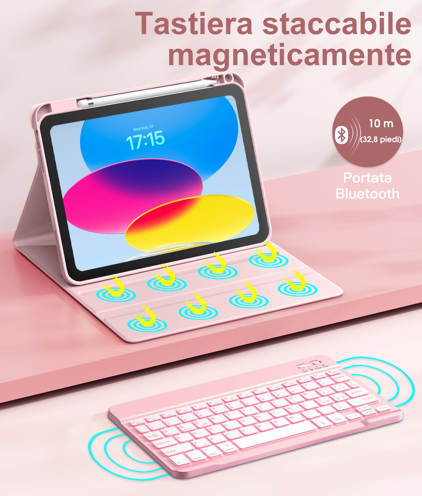 Vobafe Cover iPad A16 11 10 Generazione con Tastiera (11/10.9 Pollici, 2025/2022), Italiano QWERTY con 7 Colori Illuminato, Senza Fili Staccabile Custodia Tastiera con Portapenna, Rosa Chiaro