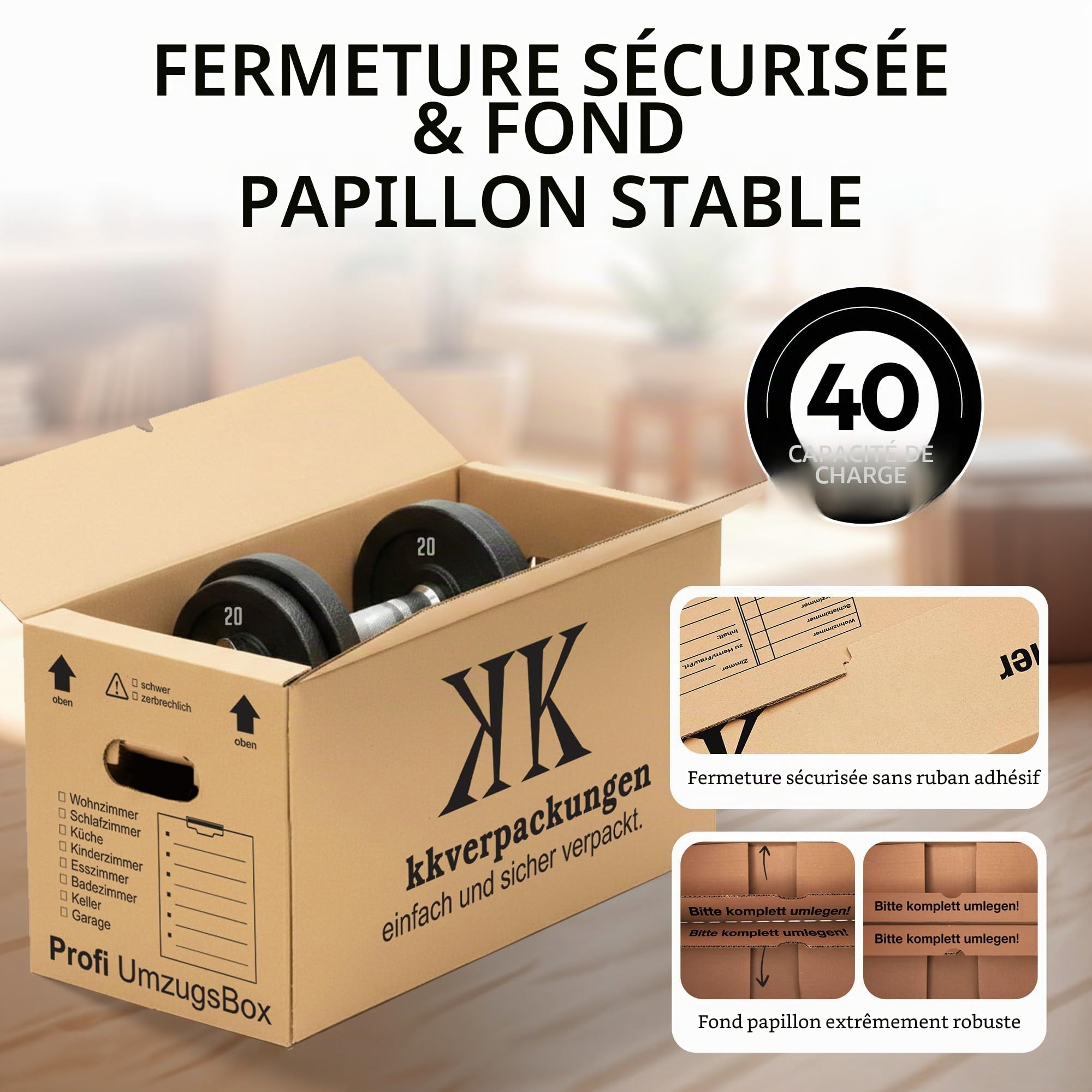 Cartons de déménagement 20 plis | Extra stable et empilable avec double arbre | Base papillon robuste | Capacité de charge élevée | Idéal pour chaque mouvement