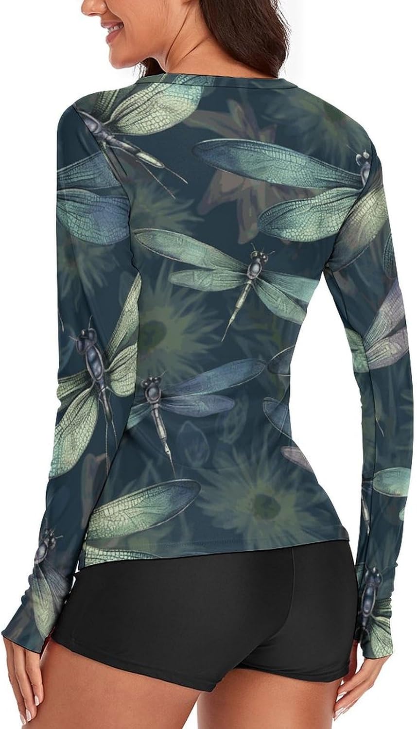 UPF 50+ Womens Sun Protection Shirts UV SPF T-Shirts Dragonfly Pattern Long Sleeve Rash Guard Athletic Tops-