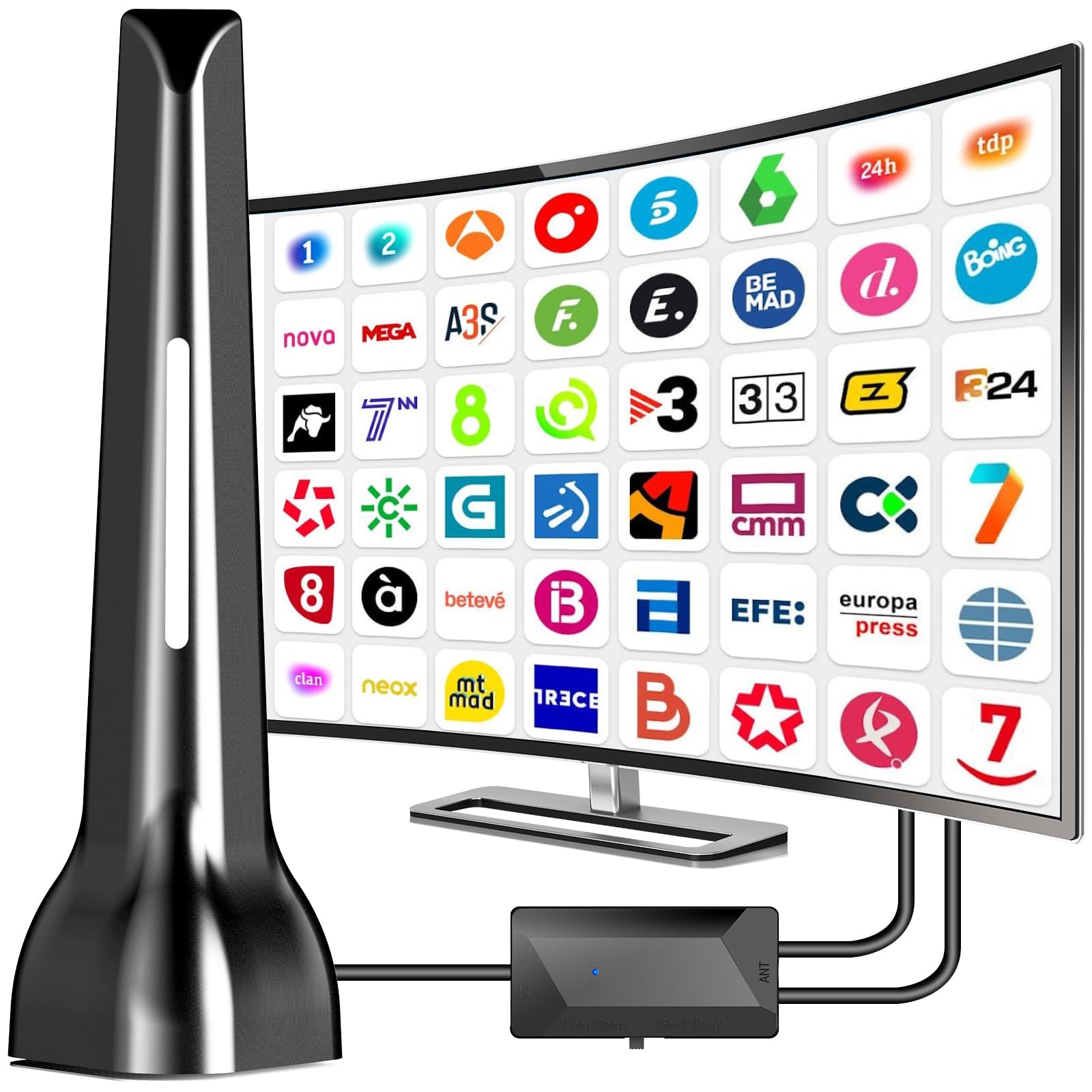 Antena TV Interior,Antena televisión Interior Potente 2026 con Base Magnética, 420 km de Largo Alcance y recepción remota de 360°,Compatible con Canales 4K/1080p/VHF/UHF DVB-T/T2 en Abierto