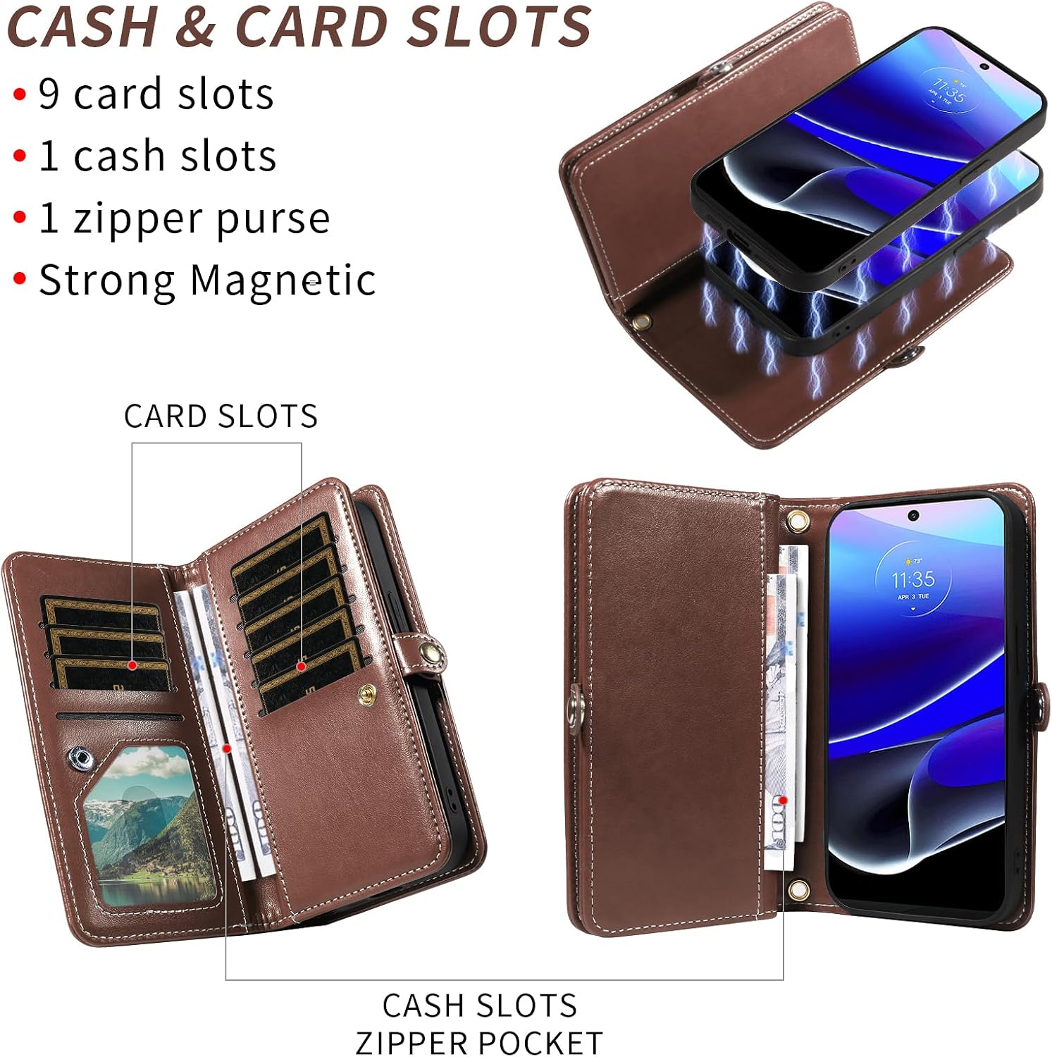 Asuwish Phone Case for Motorola Moto G Stylus 5G 2022 Zipper Wallet Cell Cover with Tempered Glass Screen Protector Crossbody Wrist Strap Flower Flip Card Holder XT2215-1 XT2215-4 XT2215DL Women Brown