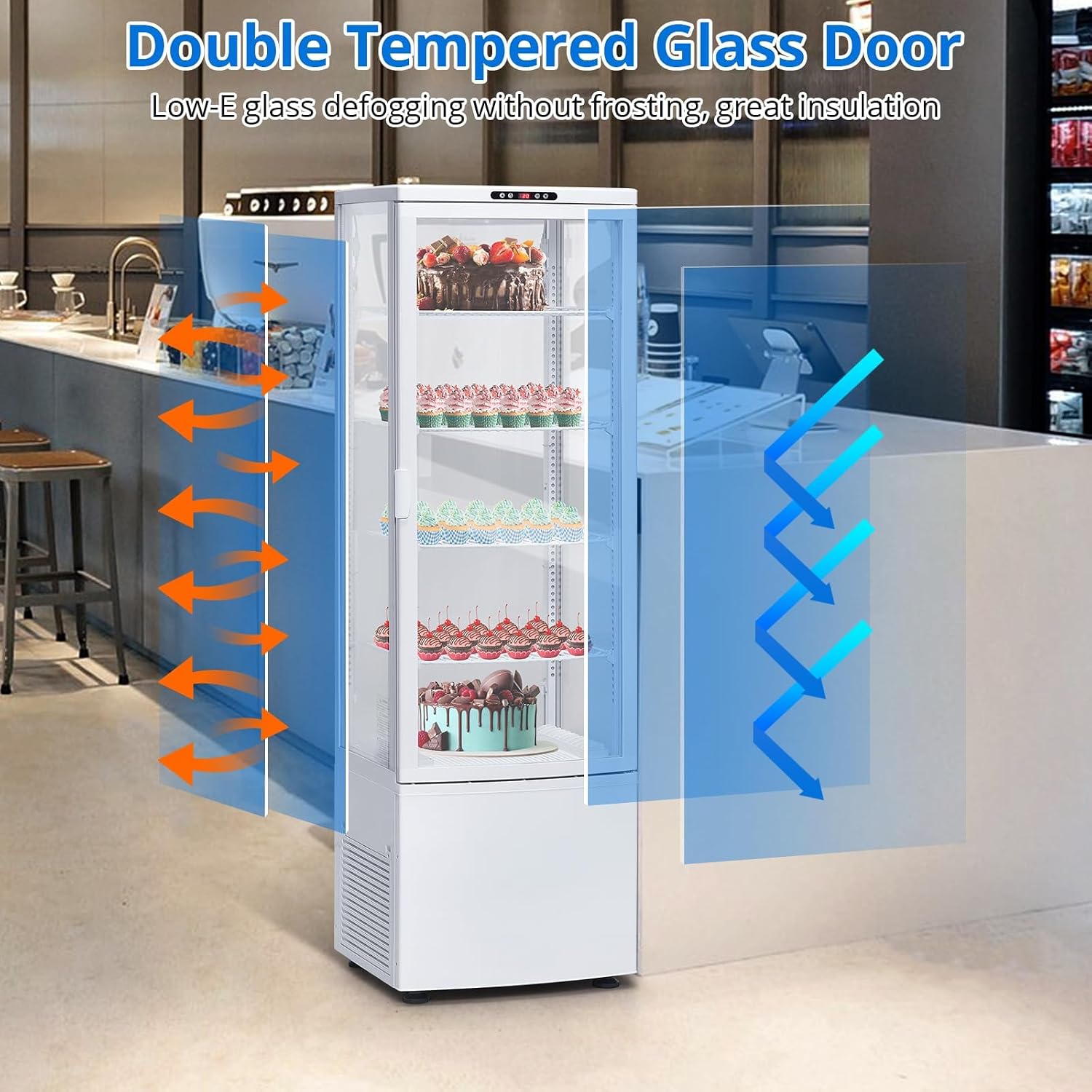 8.4 Cu.Ft Refrigerated Display Case, Commercial Floor-Standing Display Refrigerator with LED Lighting, Adjustable Shelves, Casters, for Cakes, Bakery, Coffee Shop, Supermarket, Store