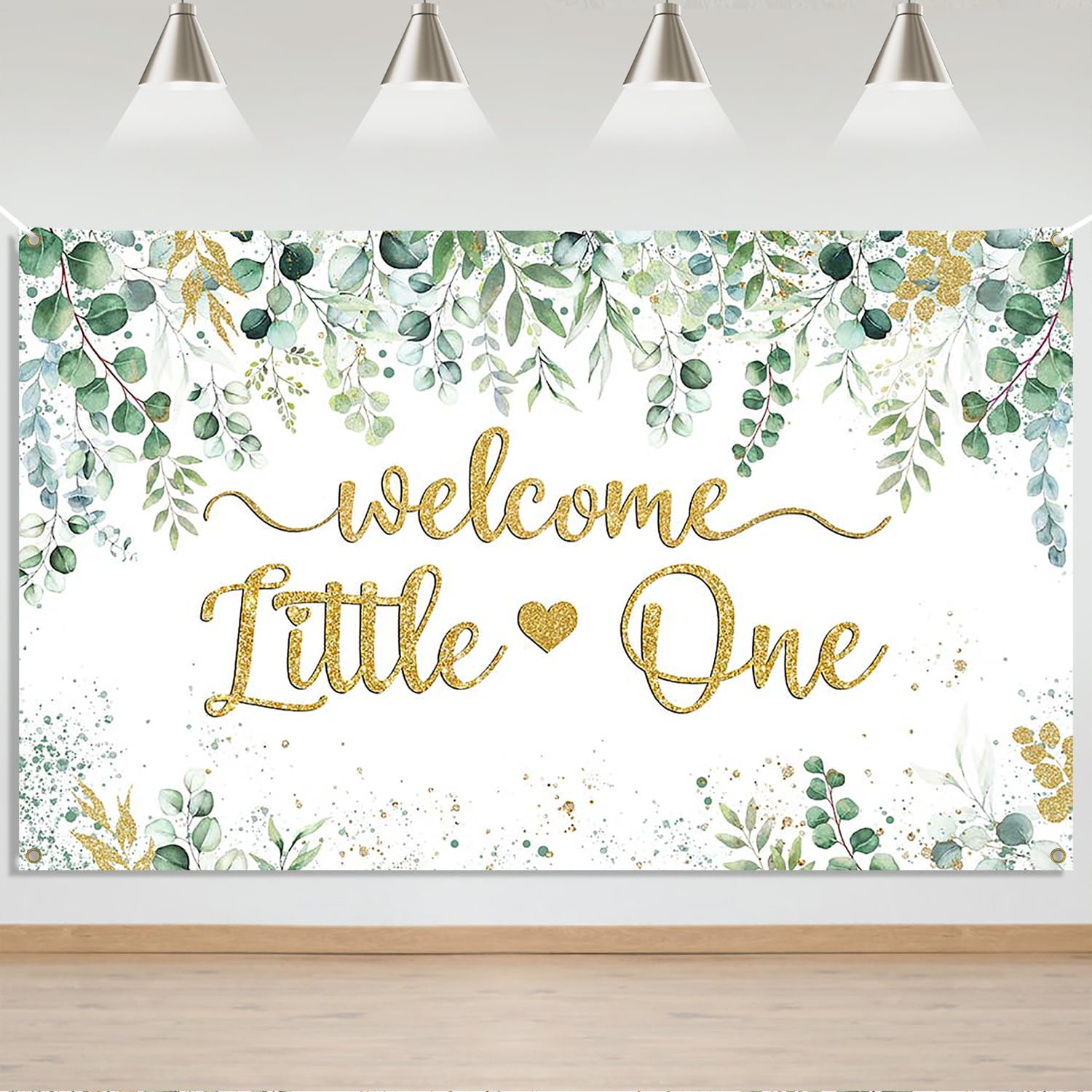 Mocsicka Greenery Baby Shower Banner - Welcome Little One Neutral Baby Shower Decorations Background, Eucalyptus Greenery Leaves Boy Girl Party Photo