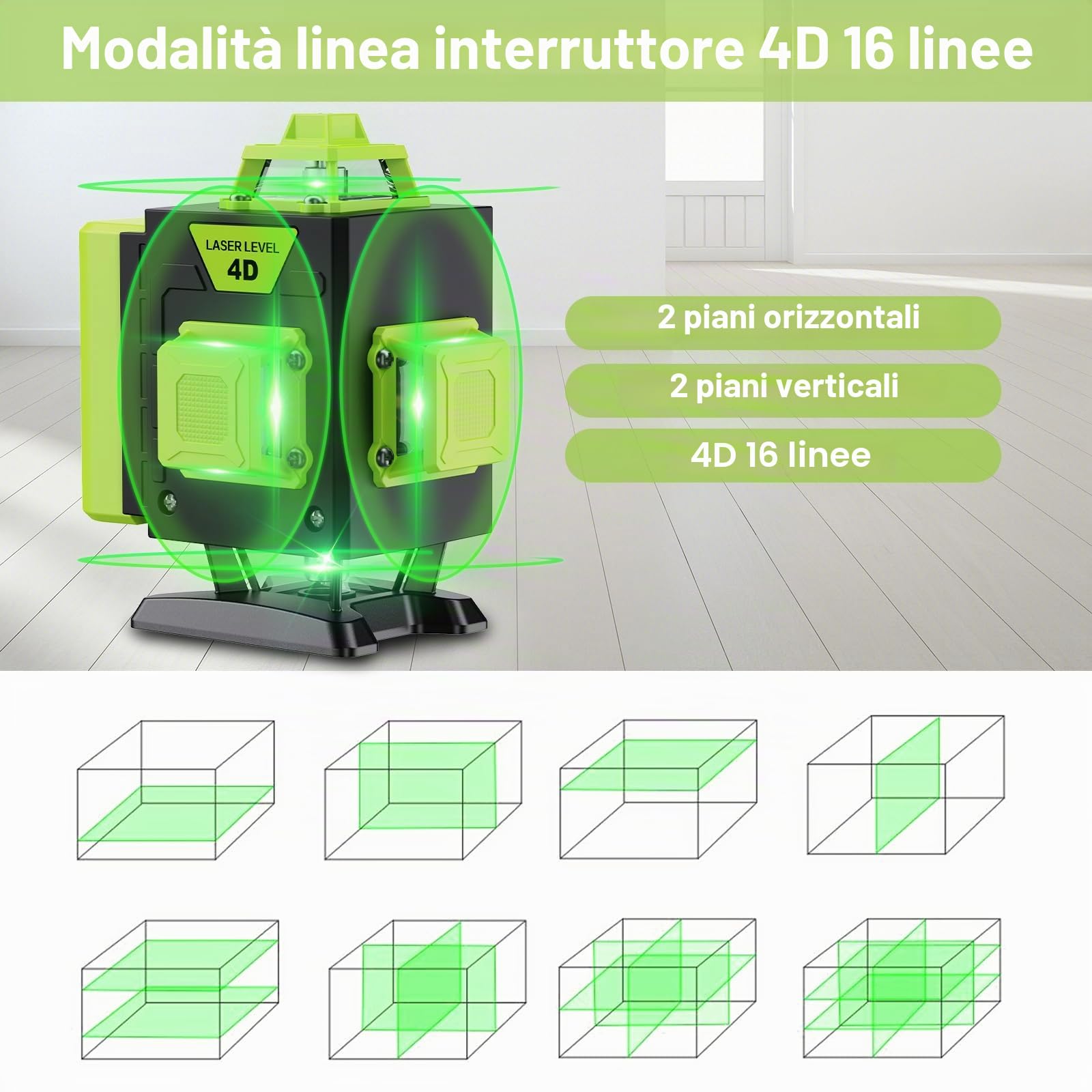 Livella Laser Autolivellante 16 Linee, 4 X 360 °Livello Laser Autolivellante Verde, 2 x Batterie, Autolivellante, Supporto Rotante, Telecomando Cabina di Rilevamento (con Treppiede)