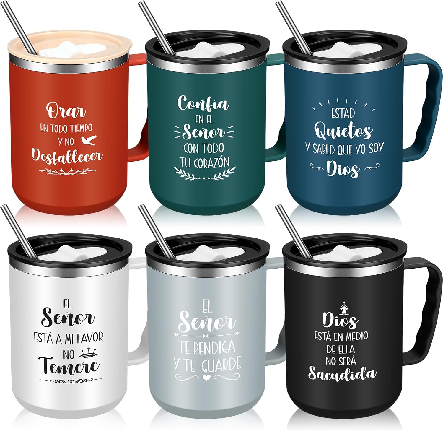 Nitial 6 Pcs 17 oz Spanish Christian Coffee Mugs with Lid and Straw Religious Bible Verse Christian Gifts Regalos Cristianos En Español Inspirational Bible Tumbler for Spanish Friend Men Women Favor
