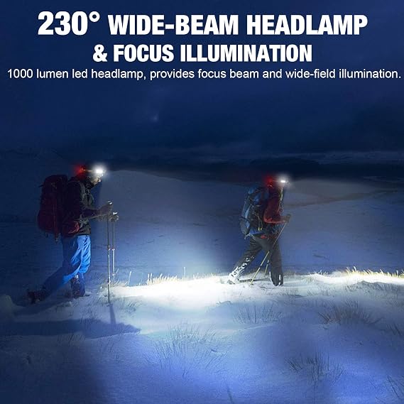LED Headlamp, 1000lumens 230 Widebeam Headlight, USB Rechargeable HeadLamp with Red Taillight, Lightweight Waterproof Headband Light for Camping Running Hiking, Hard Hat Headlamp