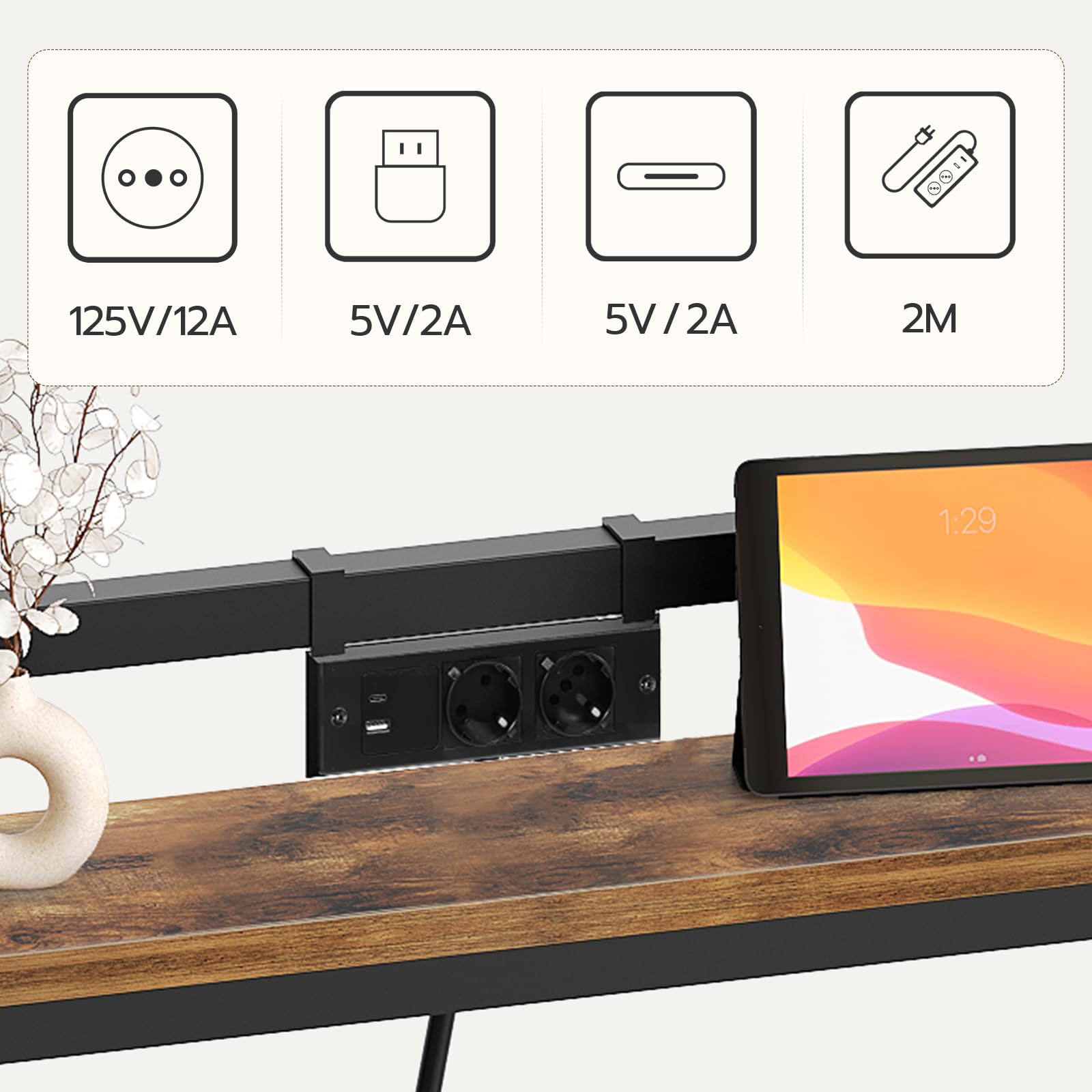 YATINEY 200 cm Konsolentisch mit Verstellbarer Höhe (70–90 cm), Langer schmaler Flurtisch mit verschiebbarer Steckdosenleiste (2AC, 1USB-A, 1USB-C), Langer Eingangstisch für Wohnzimmer, XCT22CBR