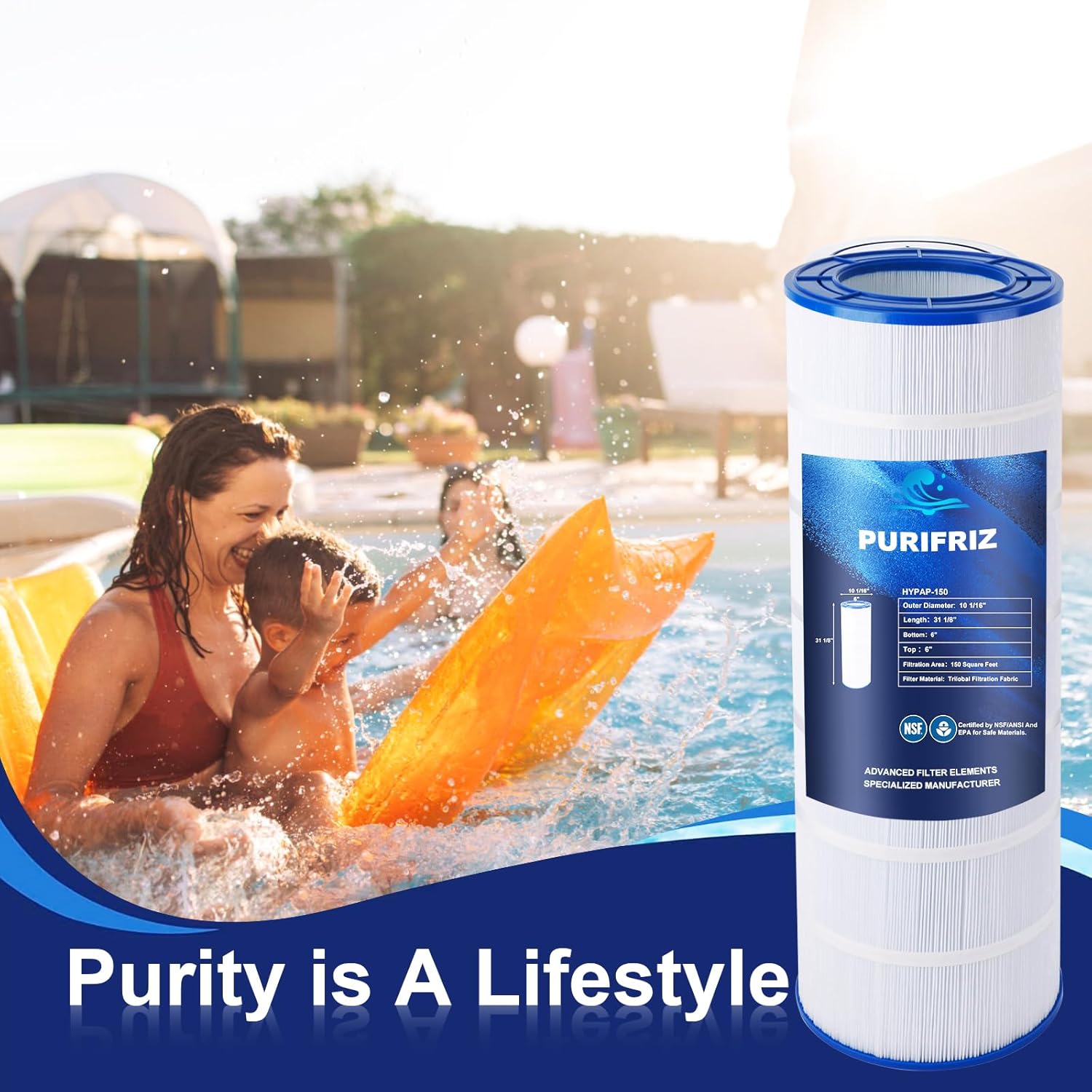 CC150 Pool Filter Compatible with CC150, CCRP150, PAP150, Unicel C-9415, R173216, 59054300, Ultral-C4, FC-0687, 160317, Upgraded Fabric 150 Sq. Ft, L x OD: 31 1/8" x10 1/16", 1-Pack