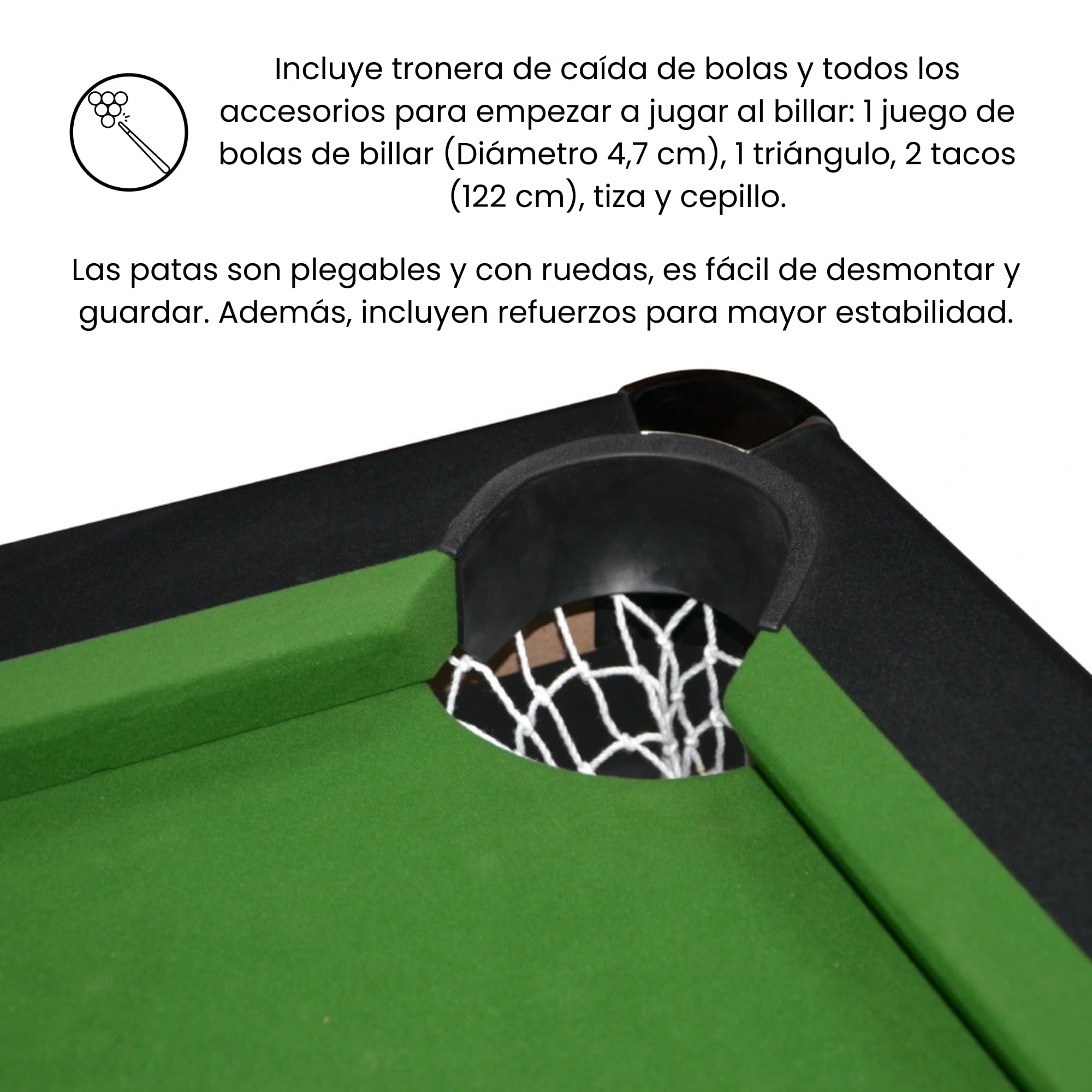 DEVESSPORT Mesa de Billar Plegable para Adultos (213x120x81 cm) | Estructura Metálica Estable, Sin Retorno de Bolas, Tapiz Profesional Verde y Accesorios Incluidos