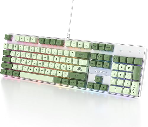 Fogruaden Teclado mecánico, matcha verde, teclado USB con cable de 104 teclas RGB retroiluminado para juegos con teclado numérico, interruptores