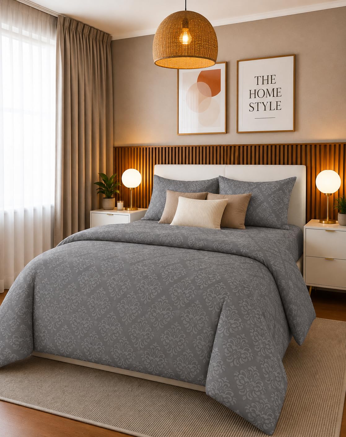 THE HOME STYLE Supersoft Glace Cotton Elastic Fitted All Around King Size Printed Double Bedsheet with 2 Pillow Cover & King Size Comforter/Duvet/Blanket (72"x78" + Comforter, Ash Grey Barocca)