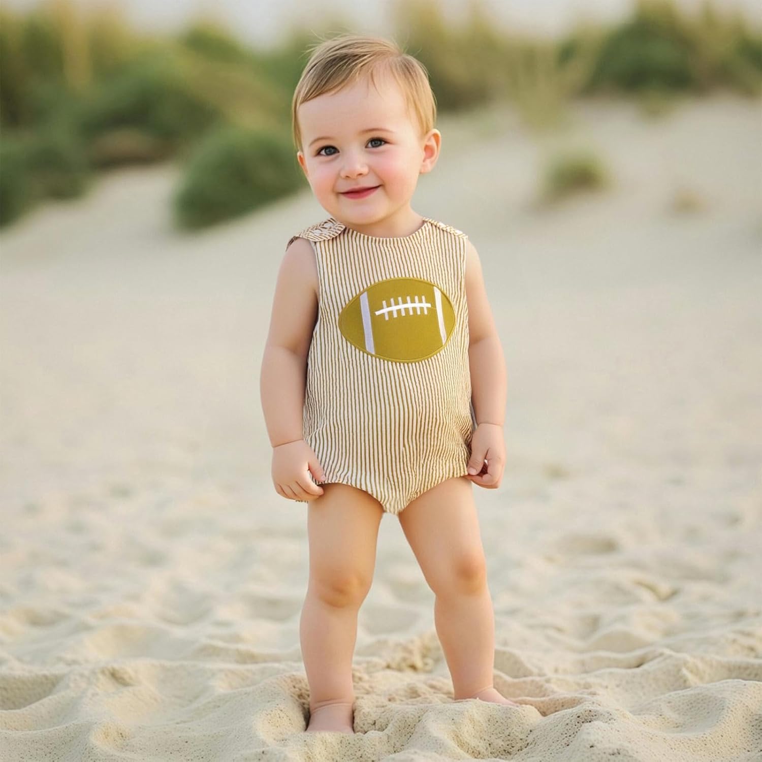 Newborn Baby Boy Girl Fall Clothes Football Embroidery Romper Striped Sleeveless Smocked Bodysuit Overalls Outfit - Image 3