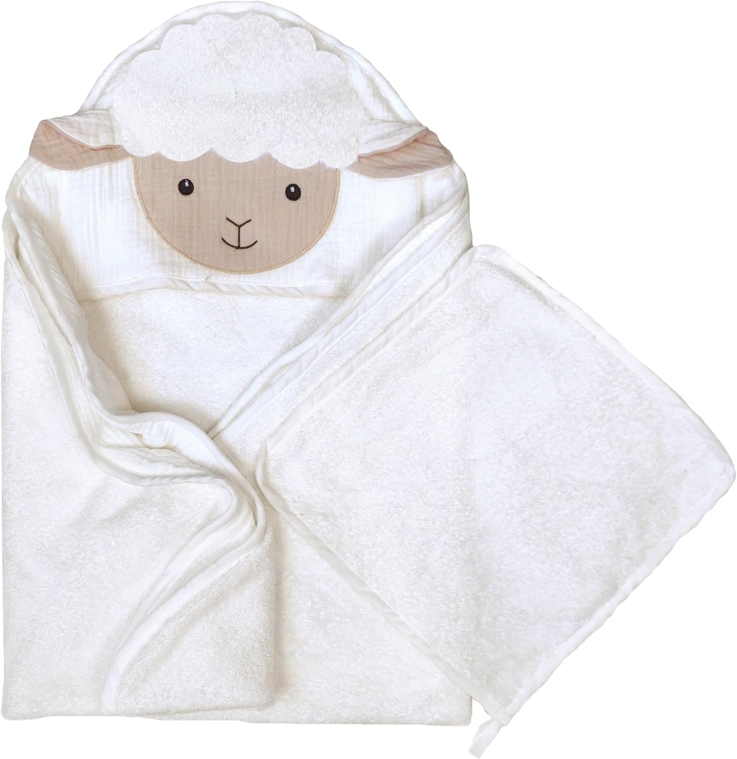 MON AMI Petit Lamb Hooded Towel & Washcloth Set | Soft Terry Cotton Baby Towel with Muslin Top Layer | Perfect Newborn Essential for Birthdays & Baby Showers