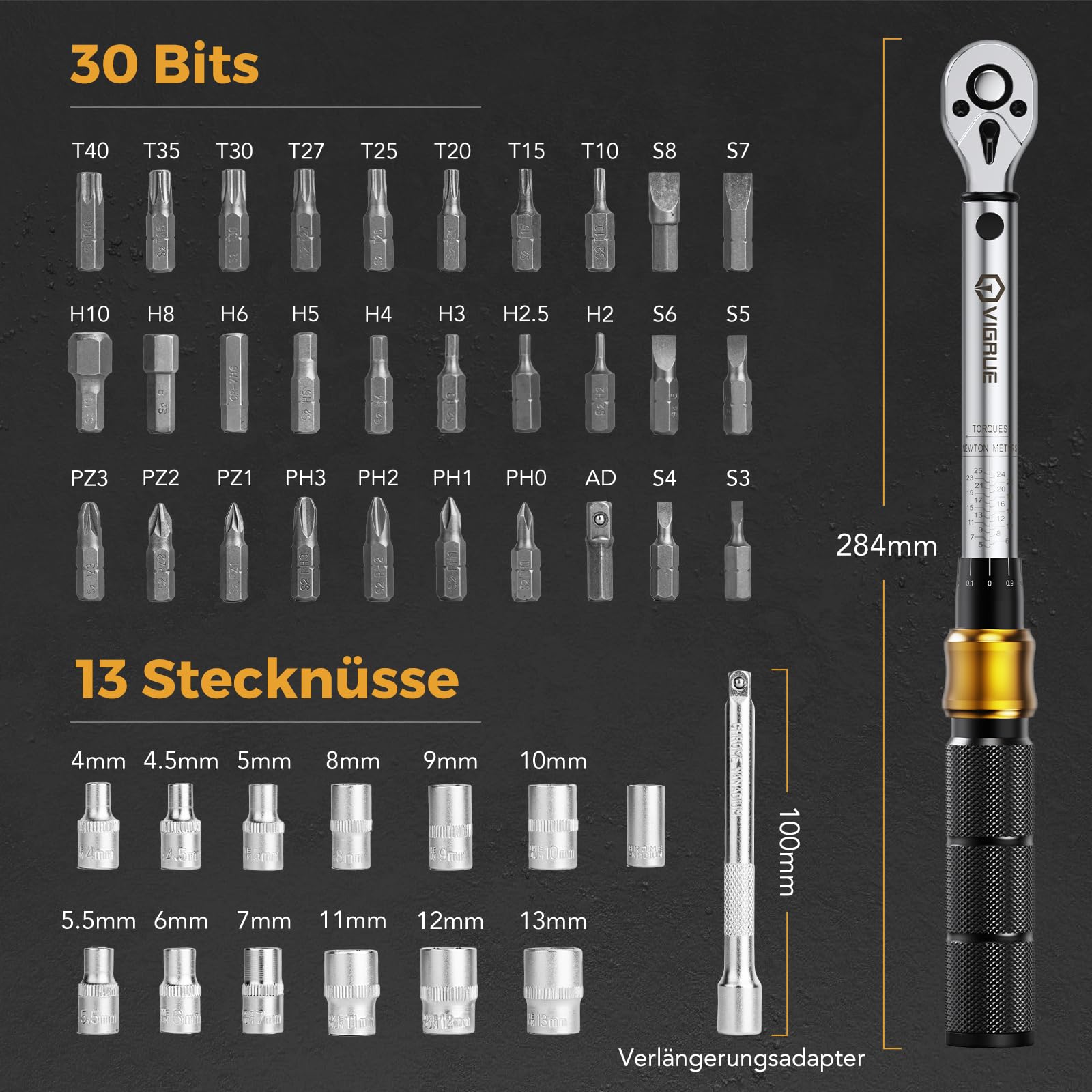 VIGRUE Juego de llaves dinamométricas para bicicleta, llave dinamométrica de 1/4 pulgadas, 5-25 Nm, ± 4% de precisión de error con barra de extensión, articulación universal, funda de bujía magnética,