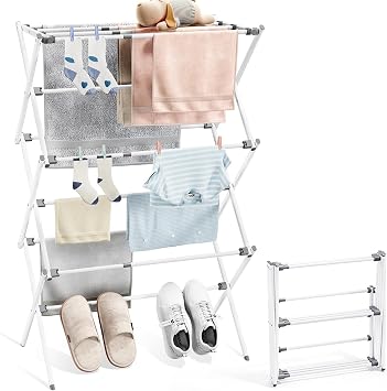 KINGRACK Expandable Clothes Airer, 3 Tier Foldable Portable Clothes Drying Rack, Laundry Drying Rack for Indoor & Outdoor Use White and Grey