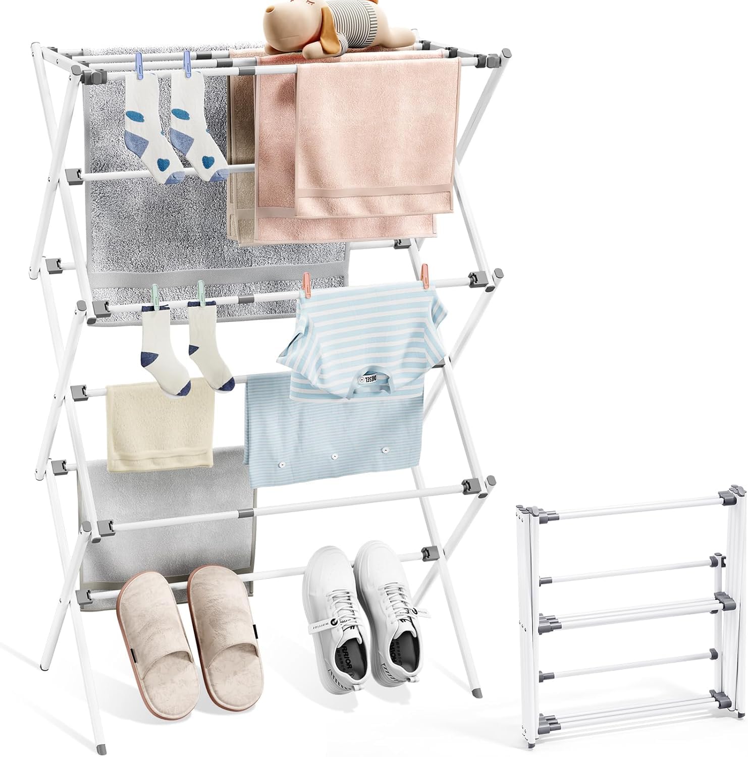 Kingrack White And Grey Expandable Clothes Airer, 3 Tier Foldable Portable Clothes Drying Rack, Laundry Drying Rack For Indoor & Outdoor Use (White And Grey)