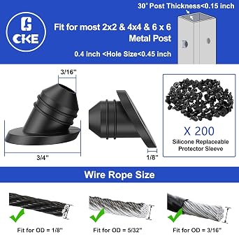 CKE 200 Pack 30 Degree Replaceable Cable Railing Rubber Grommets for 1/8 5/32 3/16 Cables for Metal Cable Railing Posts, Cable Railing Kit Protector Sleeve Grommet, Cable Protective Sleeves, BCR30