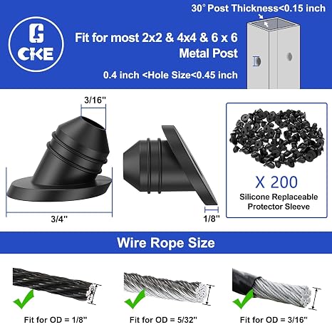 CKE 200 Pack 30 Degree Replaceable Cable Railing Rubber Grommets for 1/8 5/32 3/16 Cables for Metal Cable Railing Posts, Cable Railing Kit Protector Sleeve Grommet, Cable Protective Sleeves, BCR30