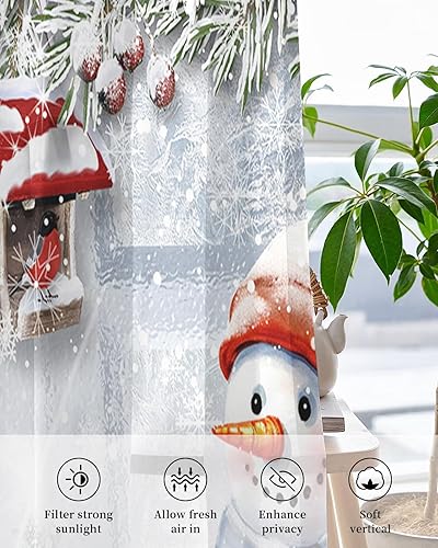 Miniatura 4 de Cortinas traslúcidas de invierno con diseño de muñeco de nieve de 63 pulgadas de largo, juego de 2 paneles de cortinas para cocina, dormitorio, sala
