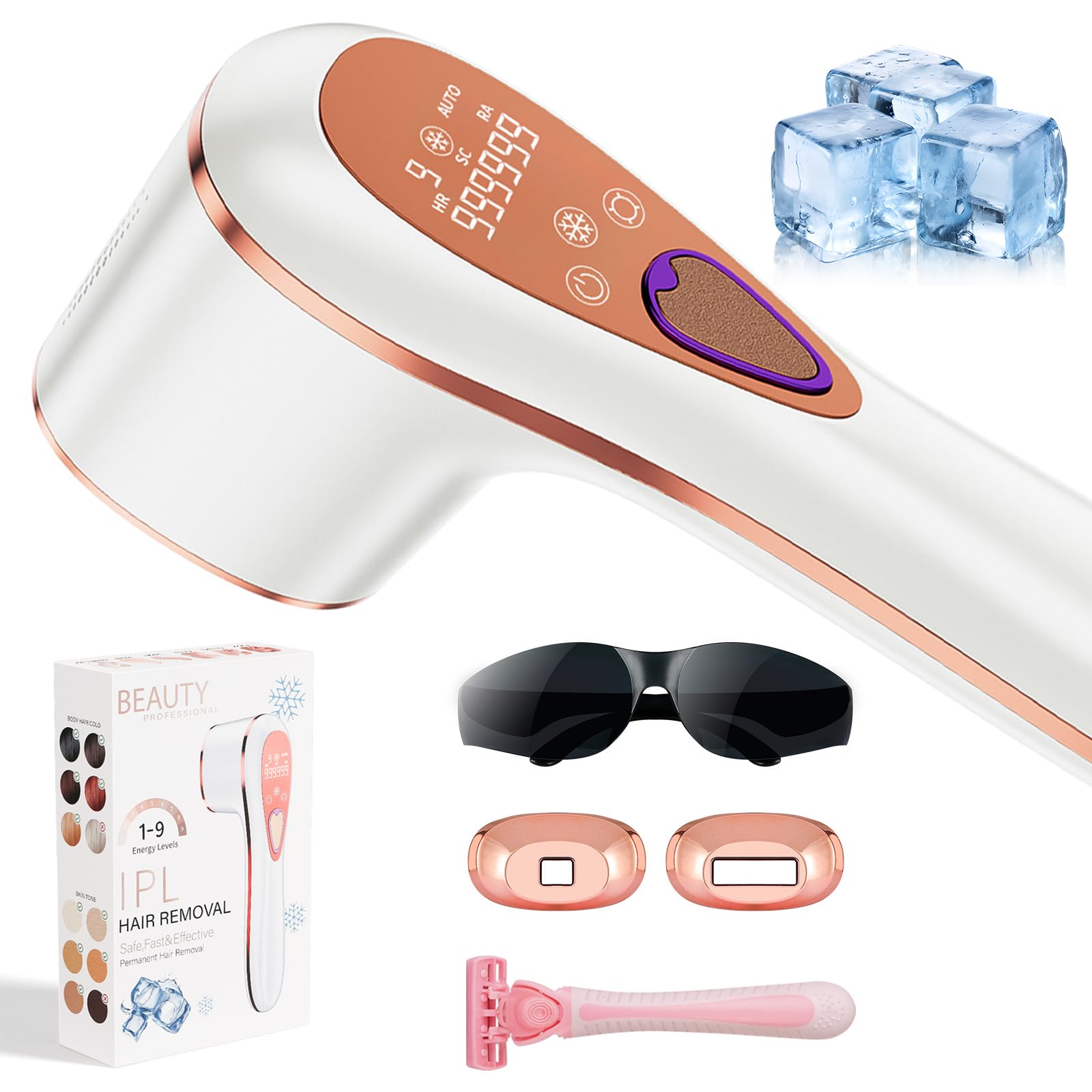 IPL Geräte Haarentfernung mit Eiskühlungssystem,IPL Haarentfernungsgerät mit 3 Funktionen HR/SC/RA,Laser Haarentfernung und 9 Energiestufen für Damen Herren Arme Körper Beine Bikini