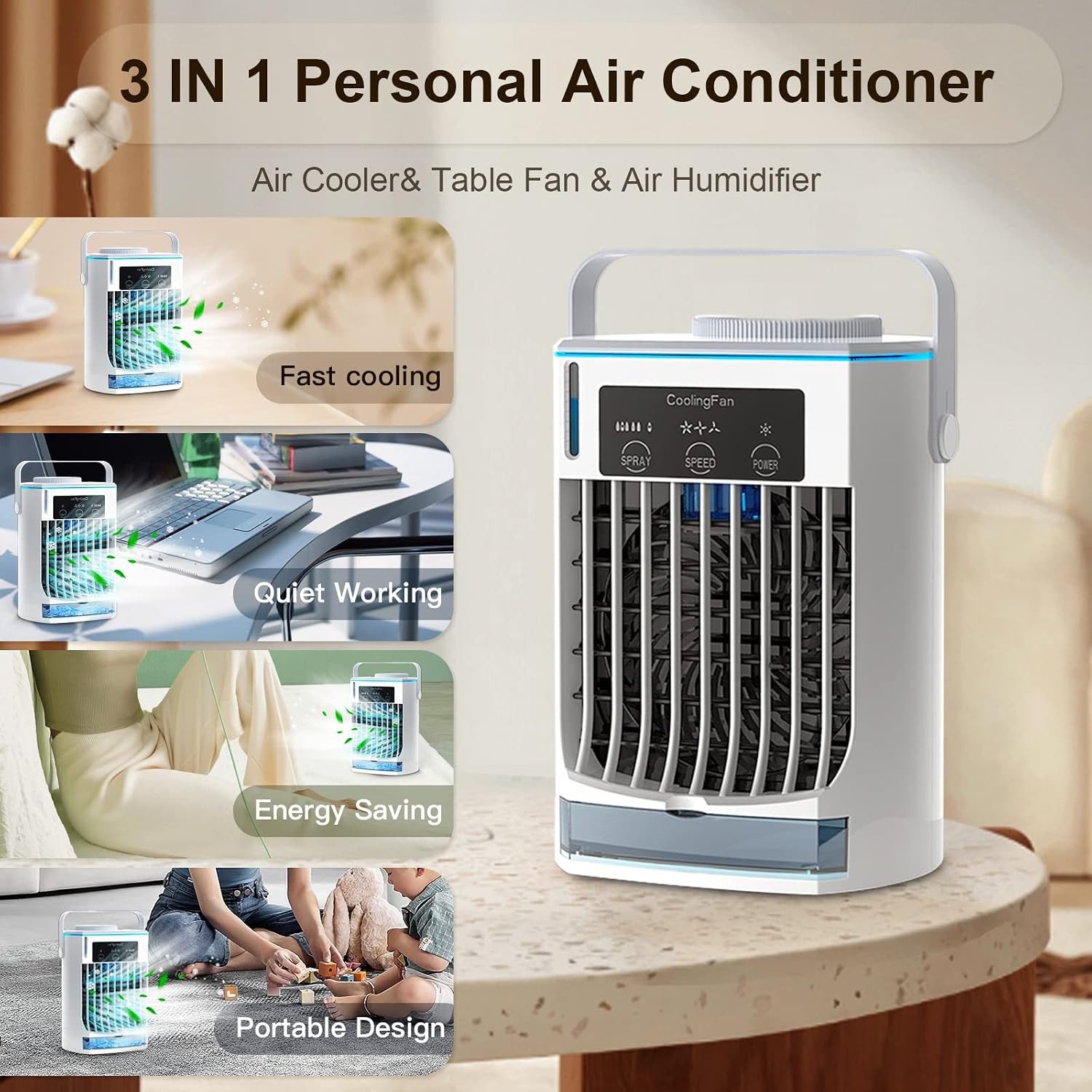 Portable Air Conditioner - EUKZEKY 3 IN 1 Evaporative Air Cooler Personal Air Conditioner Cooling Fan with 3 Wind Speed, 3 Mist Small air conditioner Desktop Humidifier Fan for Room Office Camping