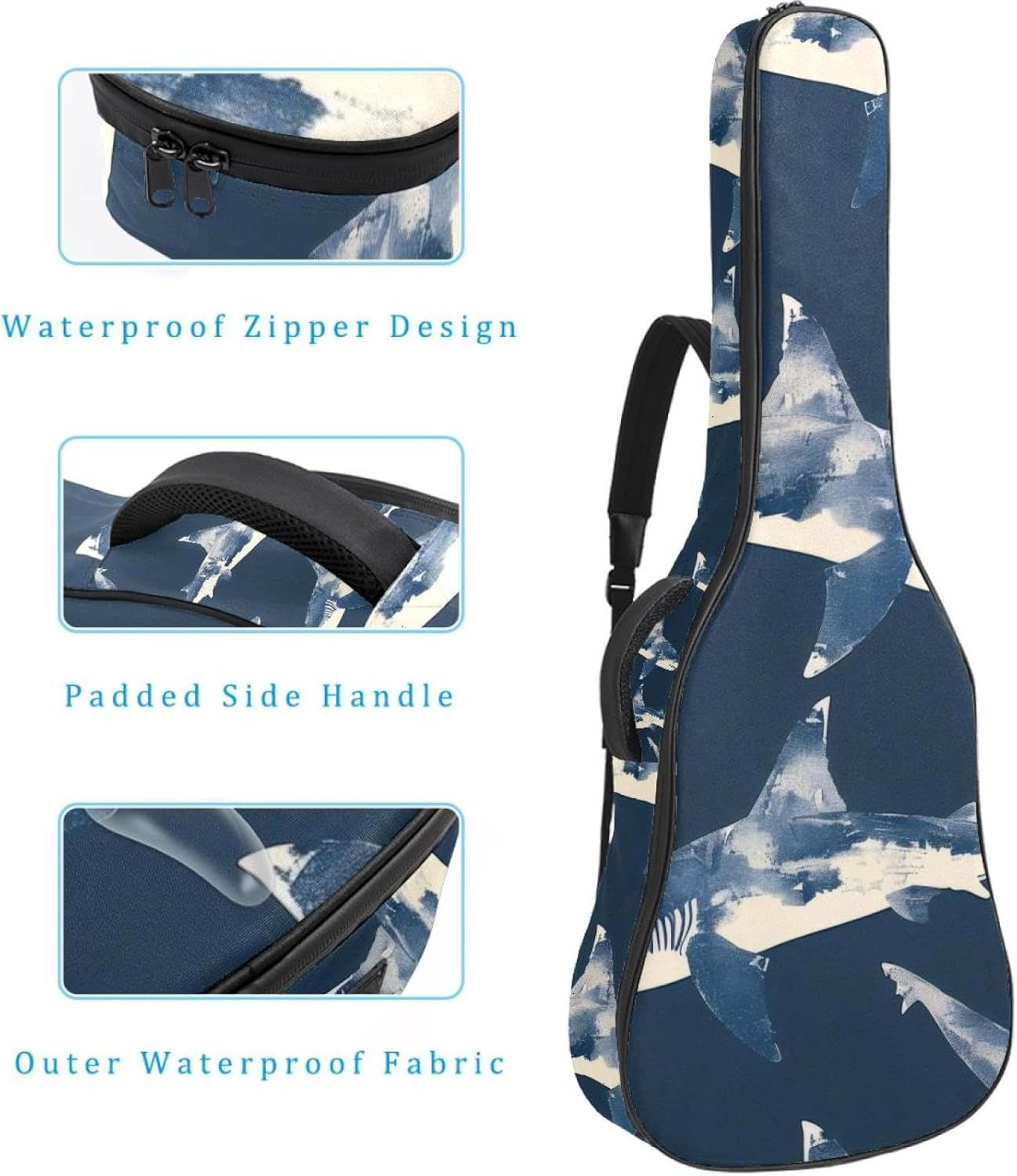 Acoustic Guitar Bag 0.4 Inch Thick Padding Waterproof Guitar Case Gig Bag for 40 41 42 Inch Electric Bass Classical Guitar, Sharks Seamless Pattern
