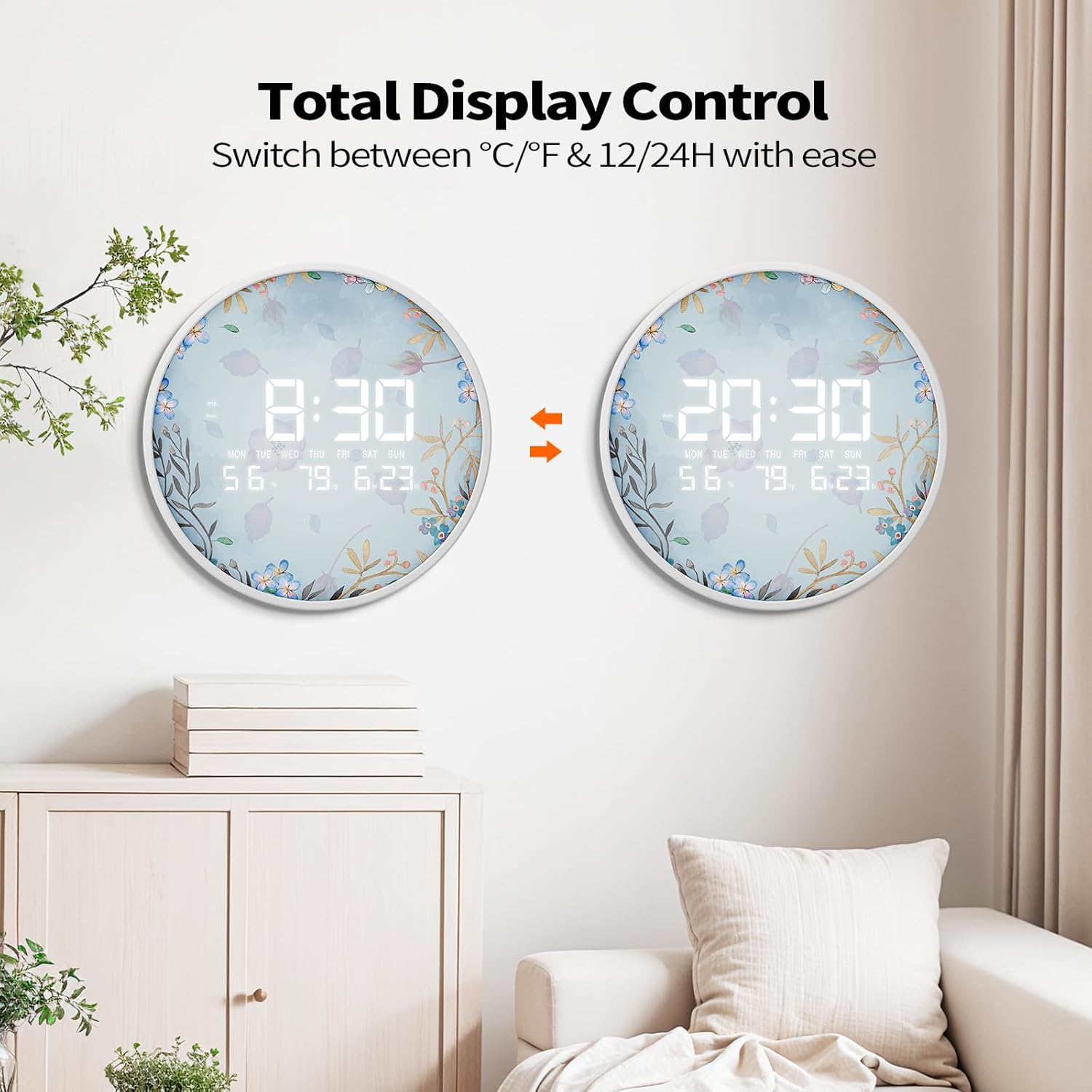 Smart Lighted Digital Wall Clock with Temperature Time Calendar Large Display Clocks 12/24H Modern LED Clock for Living Room Bedroom Office Kitchen Home Decor 12 Inch Plug-in Powered