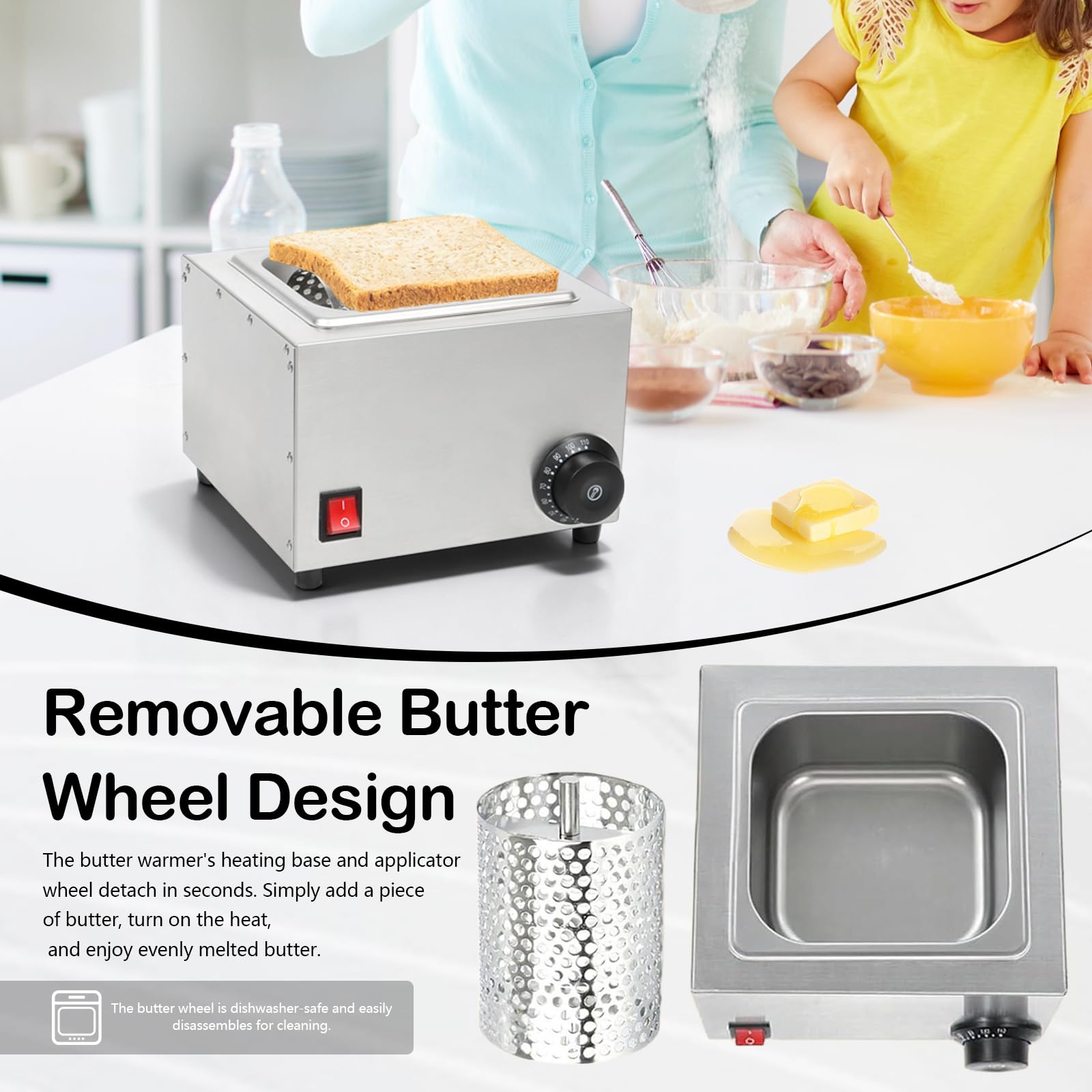 Rouleau à Beurre Électrique, Étaleur de Beurre en Acier Inoxydable 304 avec Température de Chauffage (30°C~88°C) pour Faire Fondre Rapidement Beurre Étaler Beurre Uniformément Sur hamburger Pain Toast