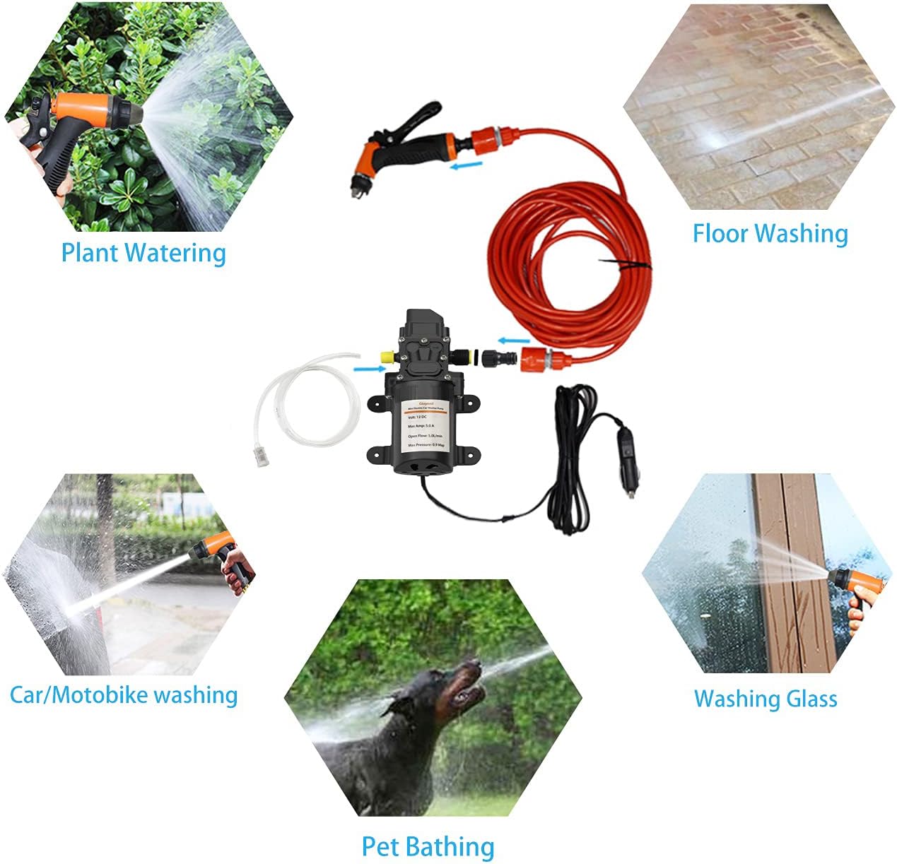 Electric Pressure Washer Pump, 12V 100W Portable High Pressure Power Intelligent Mini Car Water Pump Kit for Auto RV Home Garden Pet Shower