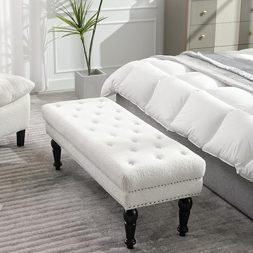 Miniatura 7 de Banco tapizado moderno, de 45 pulgadas, sherpa para dormitorio, banco otomano con botones copetudos y patas de madera maciza para dormitorio, sala